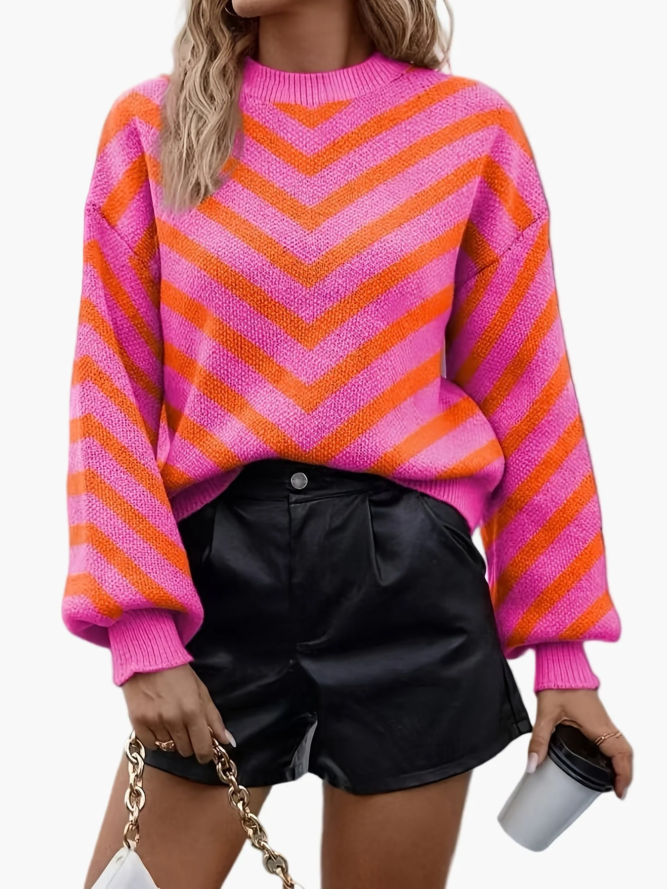 Pull élégant à rayures chevrons pour femme, style automne/hiver, manches longues, coupe décontractée - Image 5