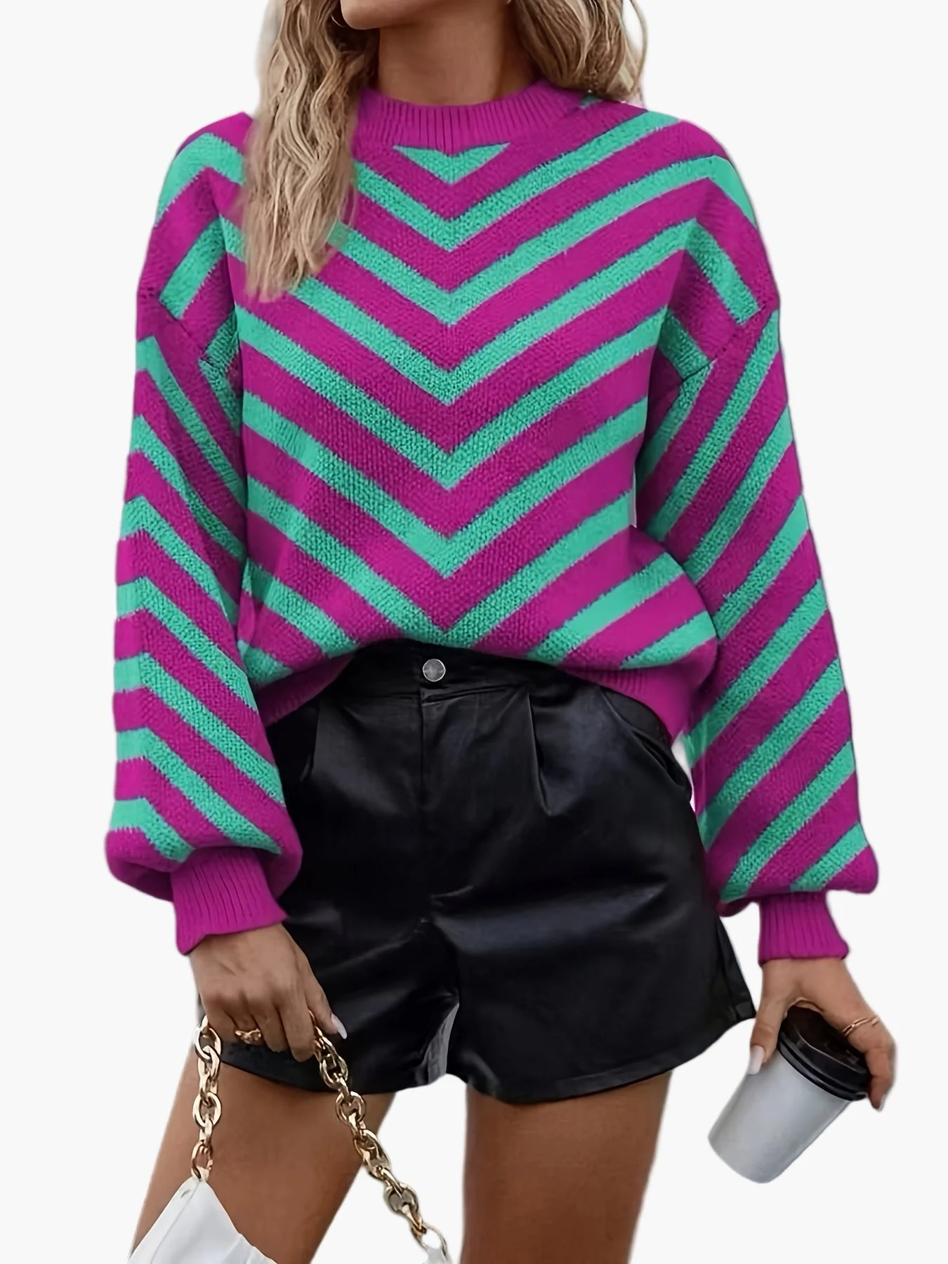 Pull élégant à rayures chevrons pour femme, style automne/hiver, manches longues, coupe décontractée - Image 7