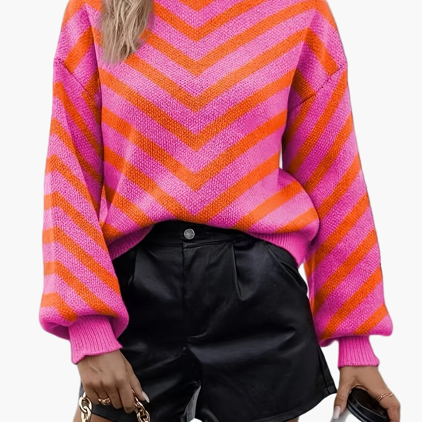 Pull élégant à rayures chevrons pour femme, style automne/hiver, manches longues, coupe décontractée - Image 9