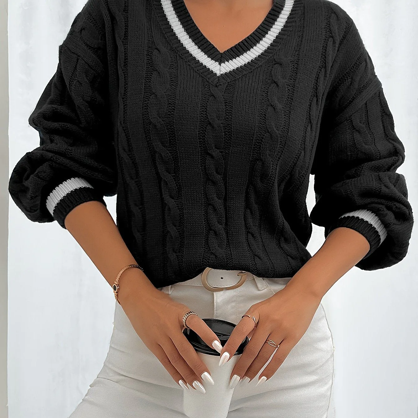 Pull élégant à torsades col V femme style universitaire automne hiver - Image 10