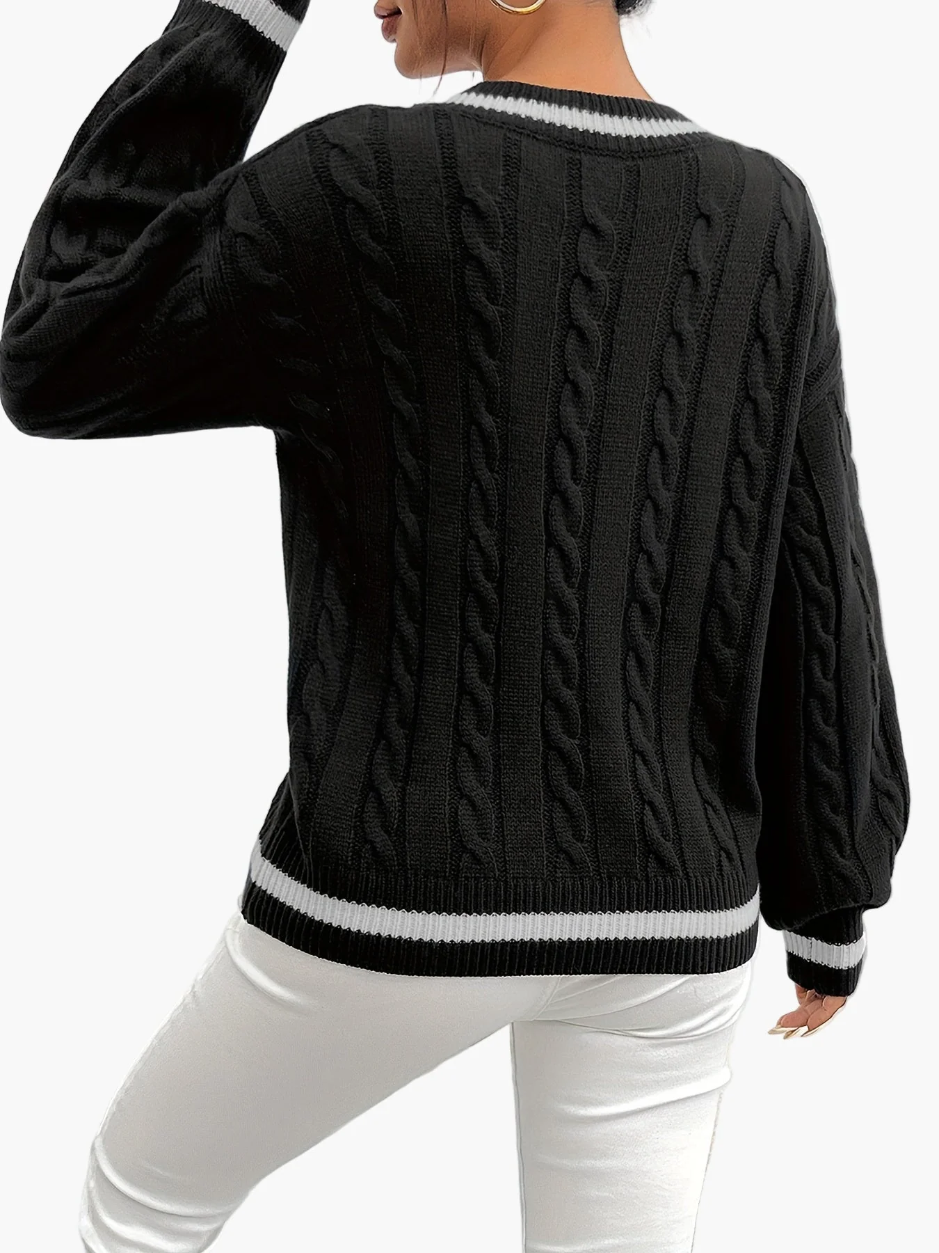Pull élégant à torsades col V femme style universitaire automne hiver - Image 3
