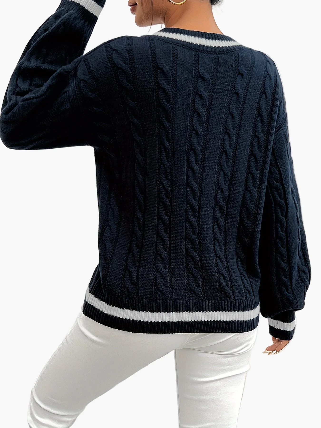 Pull élégant à torsades col V femme style universitaire automne hiver - Image 4