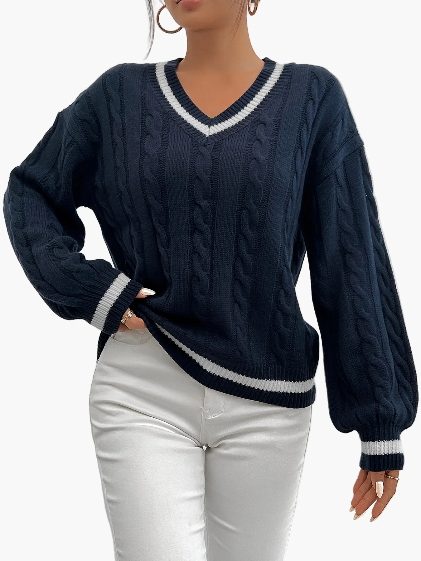 Pull élégant à torsades col V femme style universitaire automne hiver - Image 7