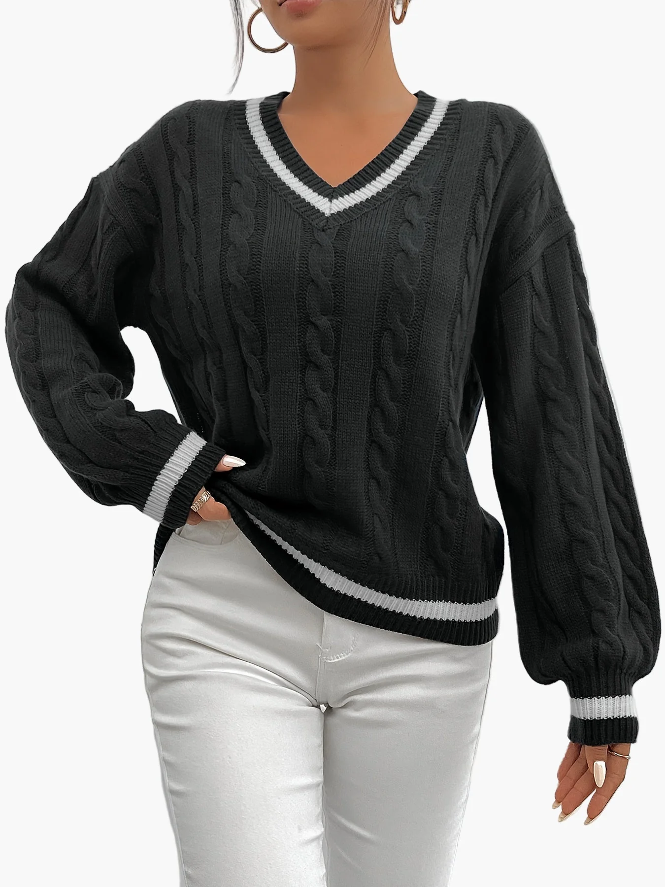 Pull élégant à torsades col V femme style universitaire automne hiver - Image 8