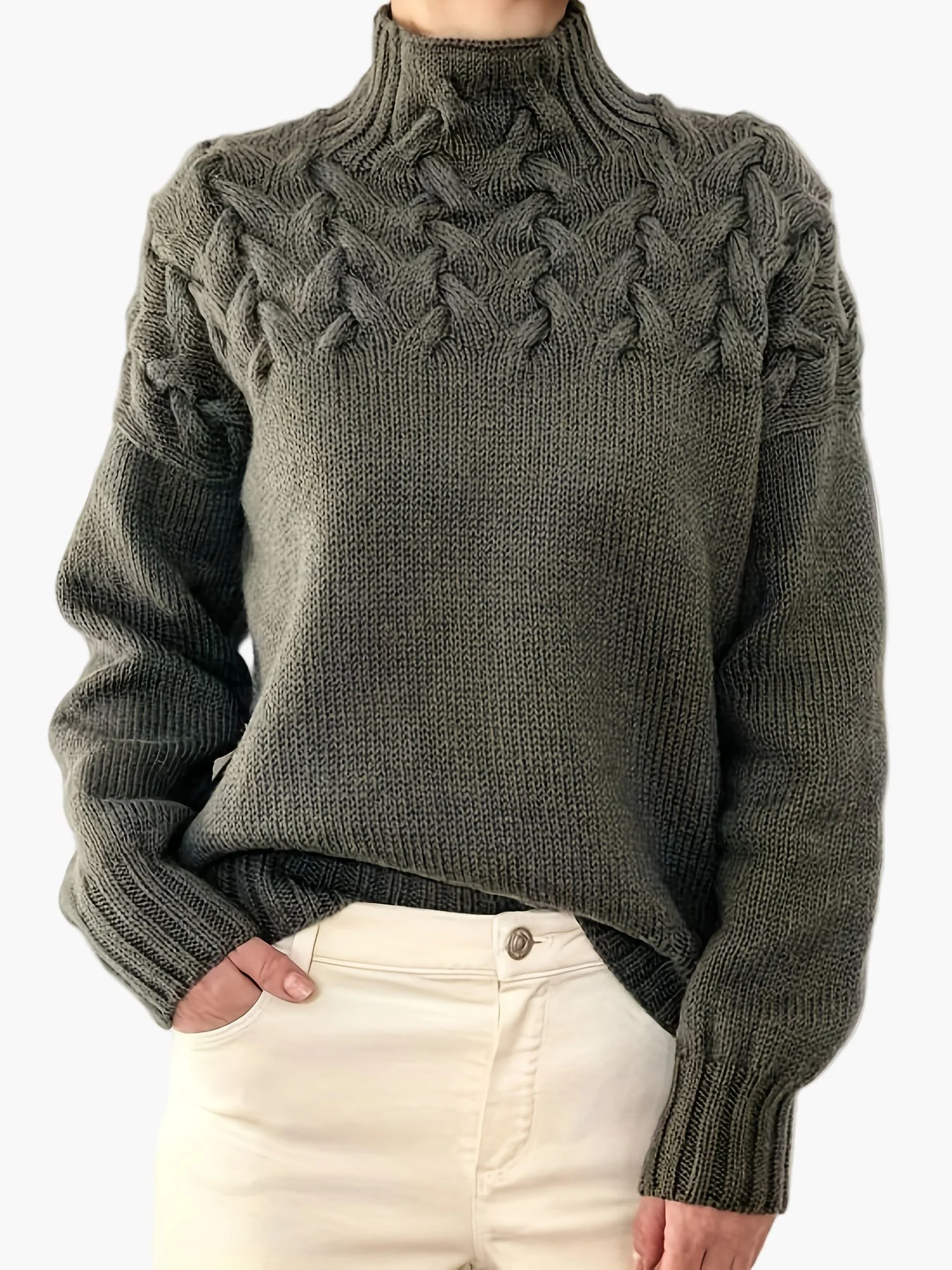 Pull Femme Col Montant Torsadé Style Décontracté Automne Hiver - Image 2