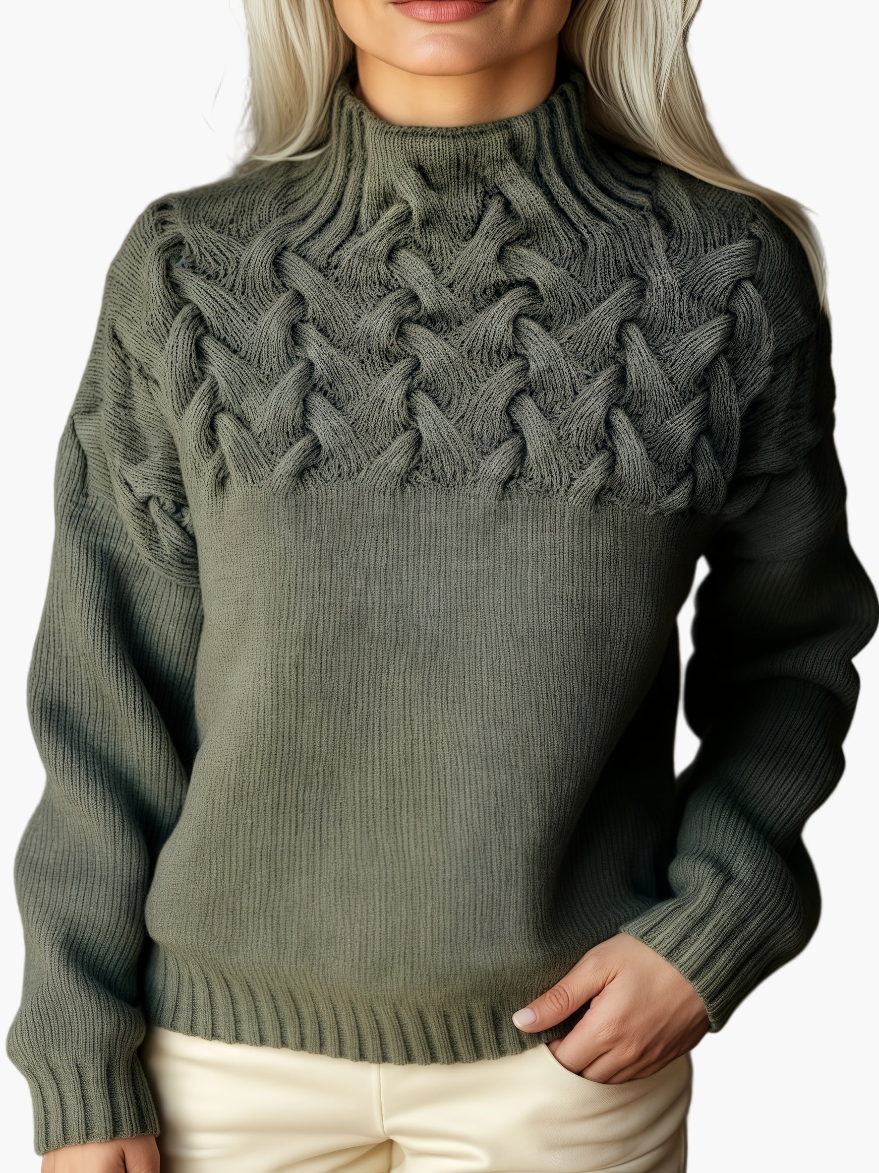 Pull Femme Col Montant Torsadé Style Décontracté Automne Hiver - Image 4