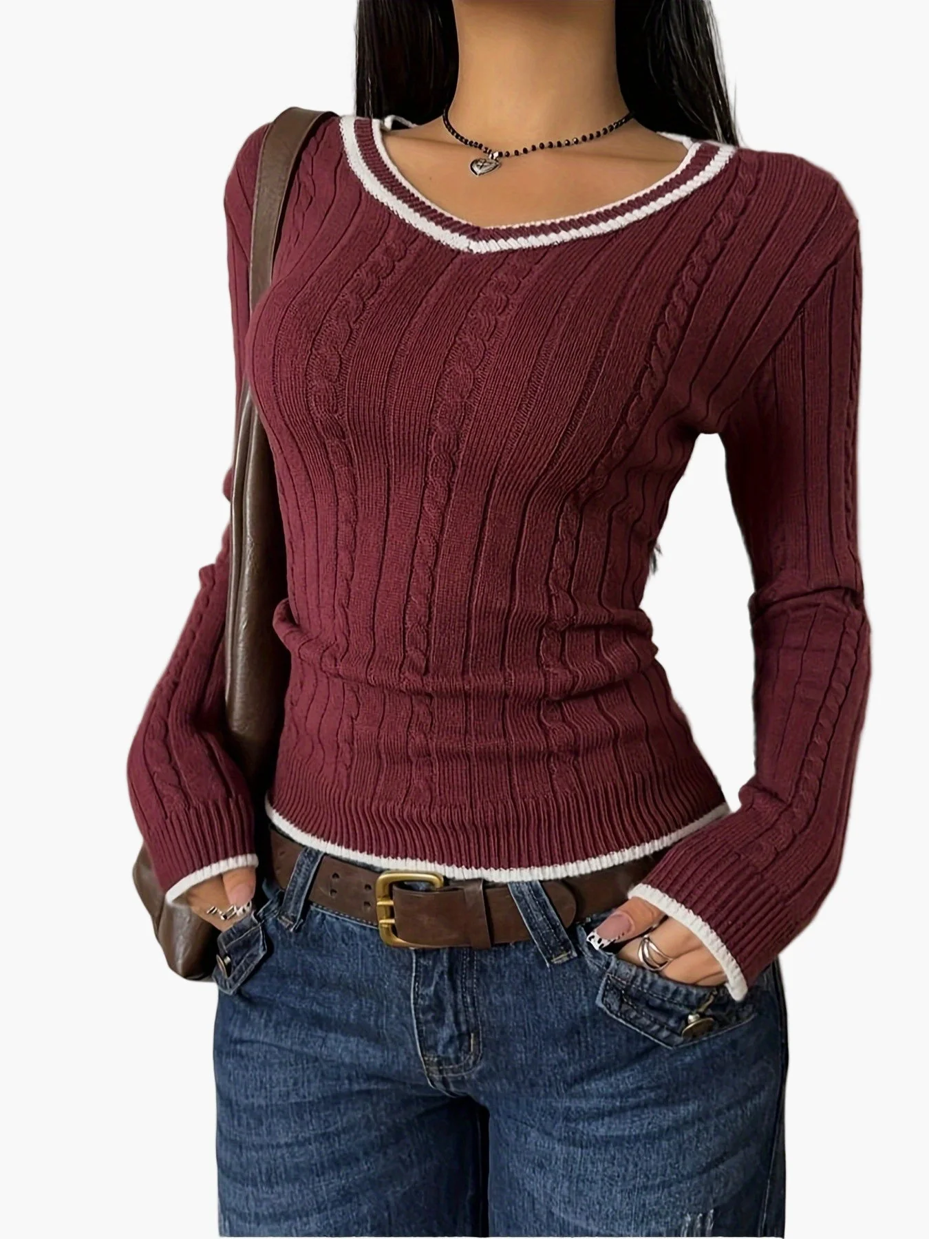 Pull femme col V à effet côtelé style casual chic - Image 3