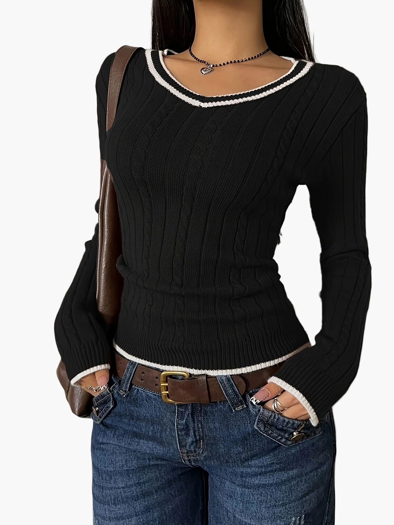 Pull femme col V à effet côtelé style casual chic - Image 4
