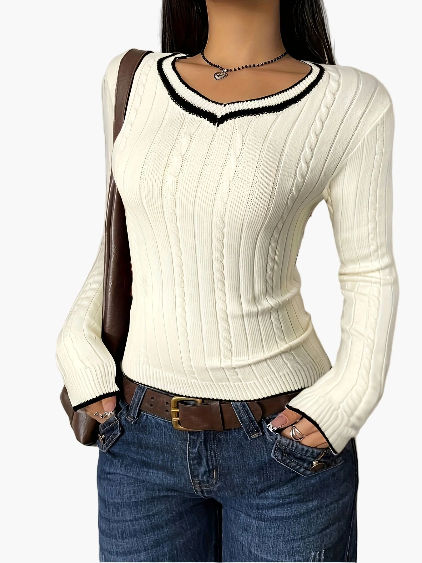 Pull femme col V à effet côtelé style casual chic - Image 6