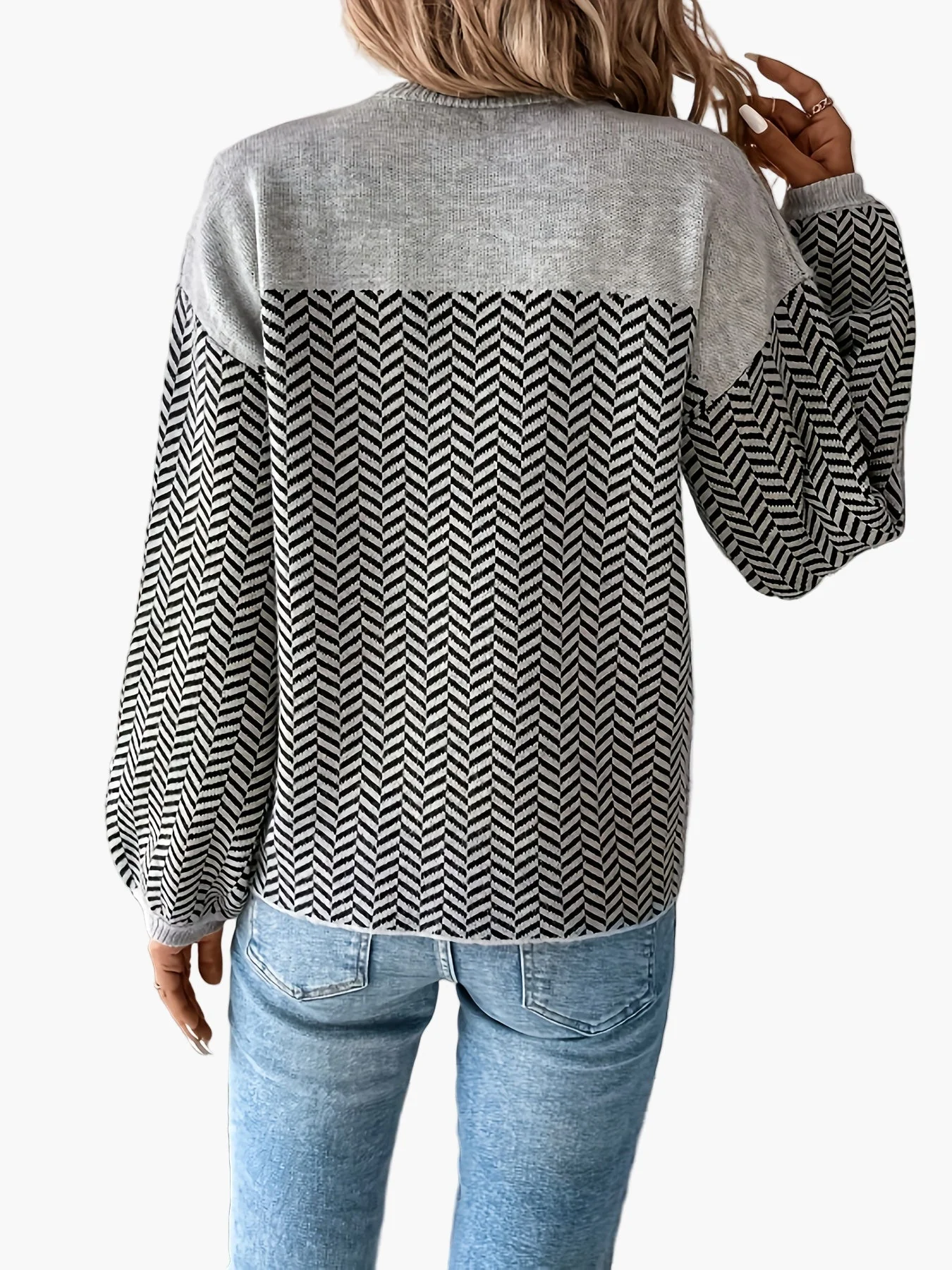 Pull femme décontracté à motif chevrons manches longues coupe régulière pour automne hiver - Image 2