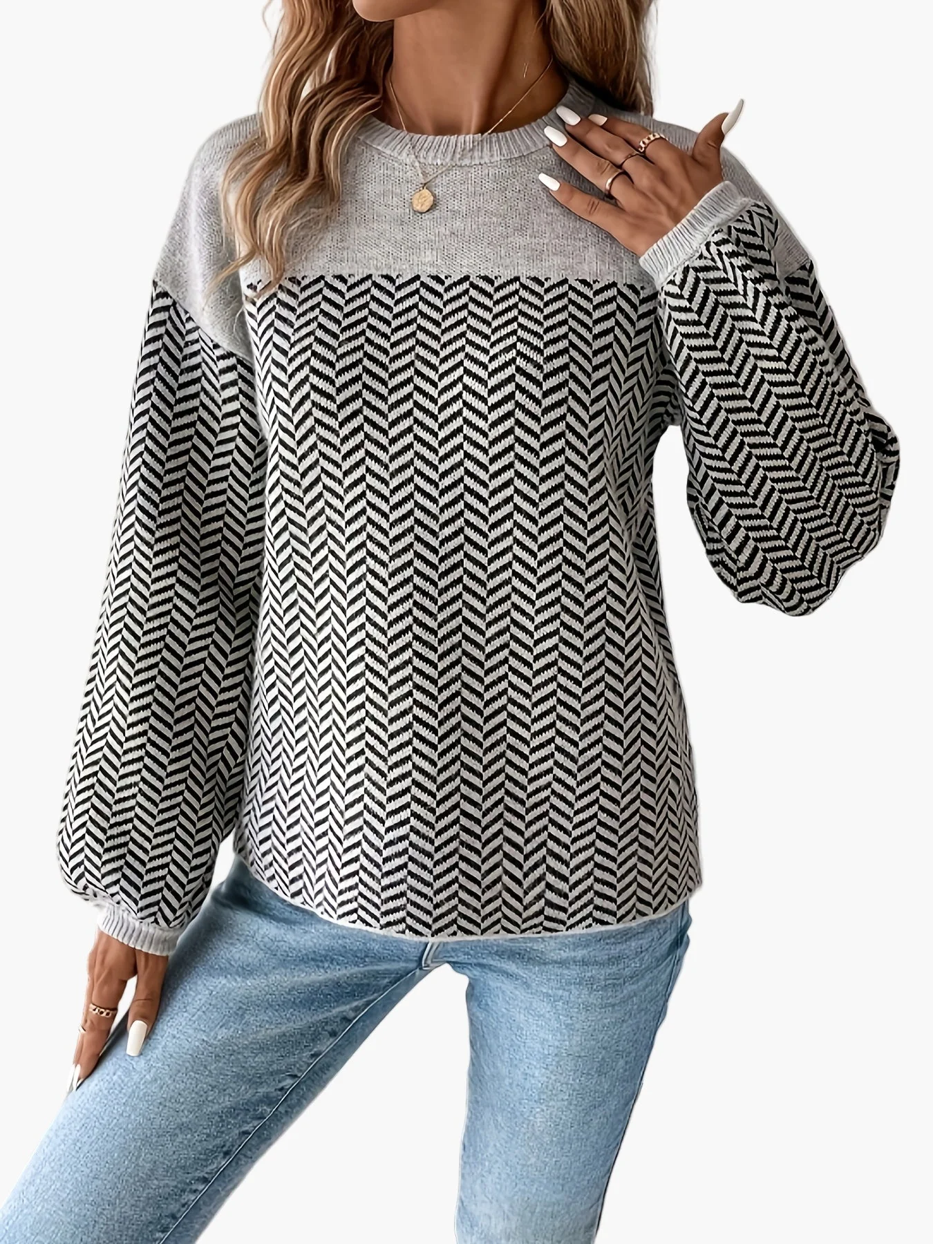 Pull femme décontracté à motif chevrons manches longues coupe régulière pour automne hiver - Image 4