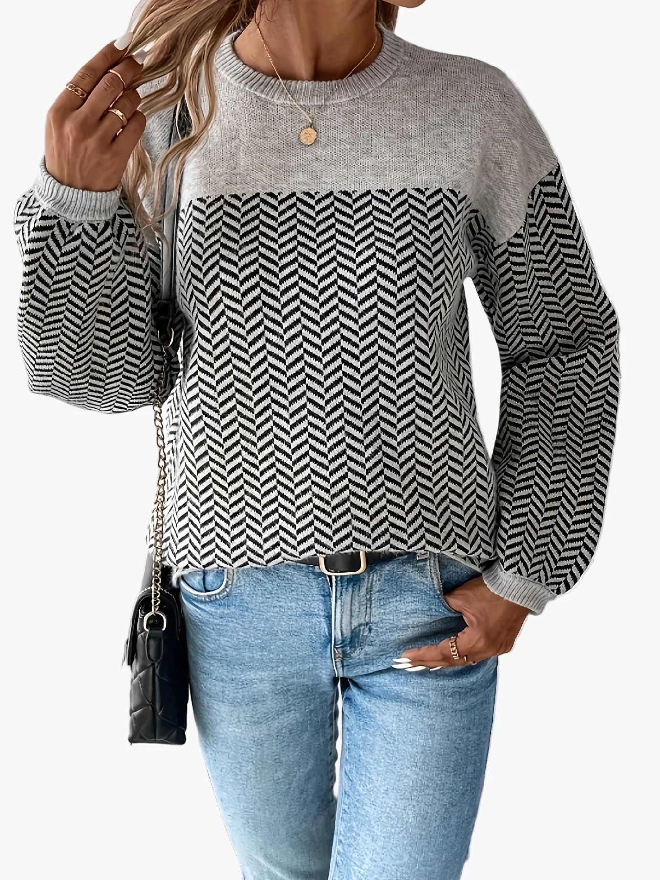Pull femme décontracté à motif chevrons manches longues coupe régulière pour automne hiver - Image 5