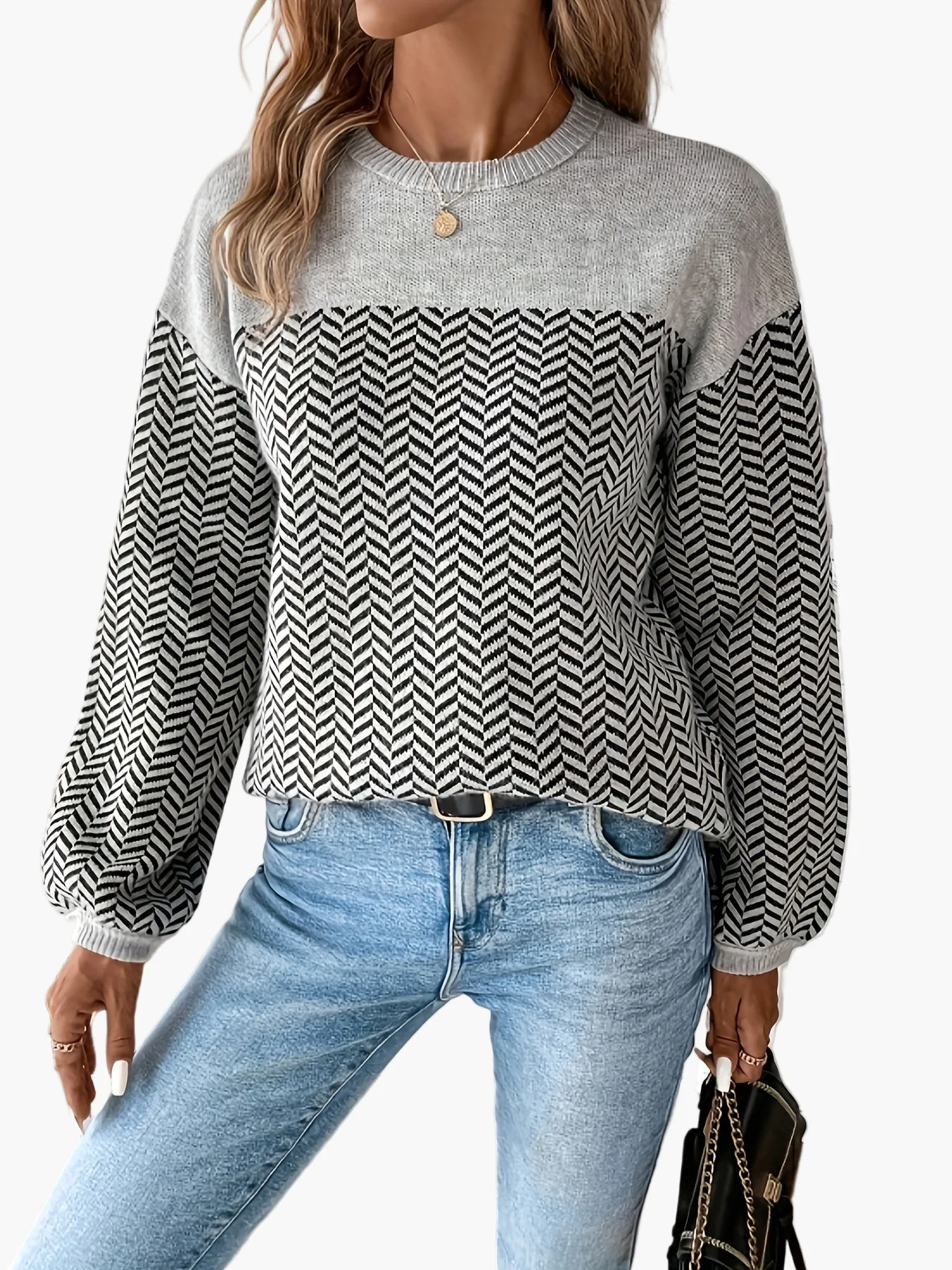 Pull femme décontracté à motif chevrons manches longues coupe régulière pour automne hiver - Image 6