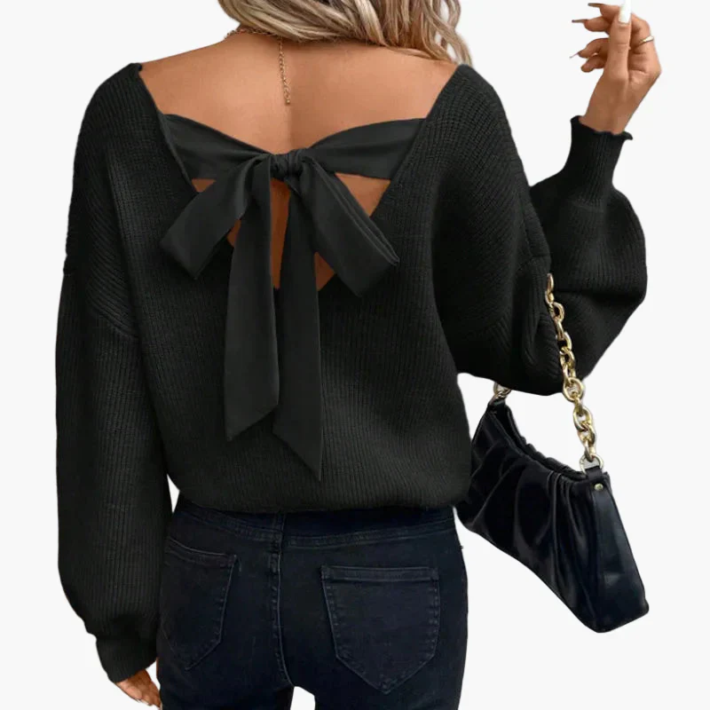 Pull femme dos ouvert avec nœud élégant - Style chic décontracté pour automne et hiver - Image 2