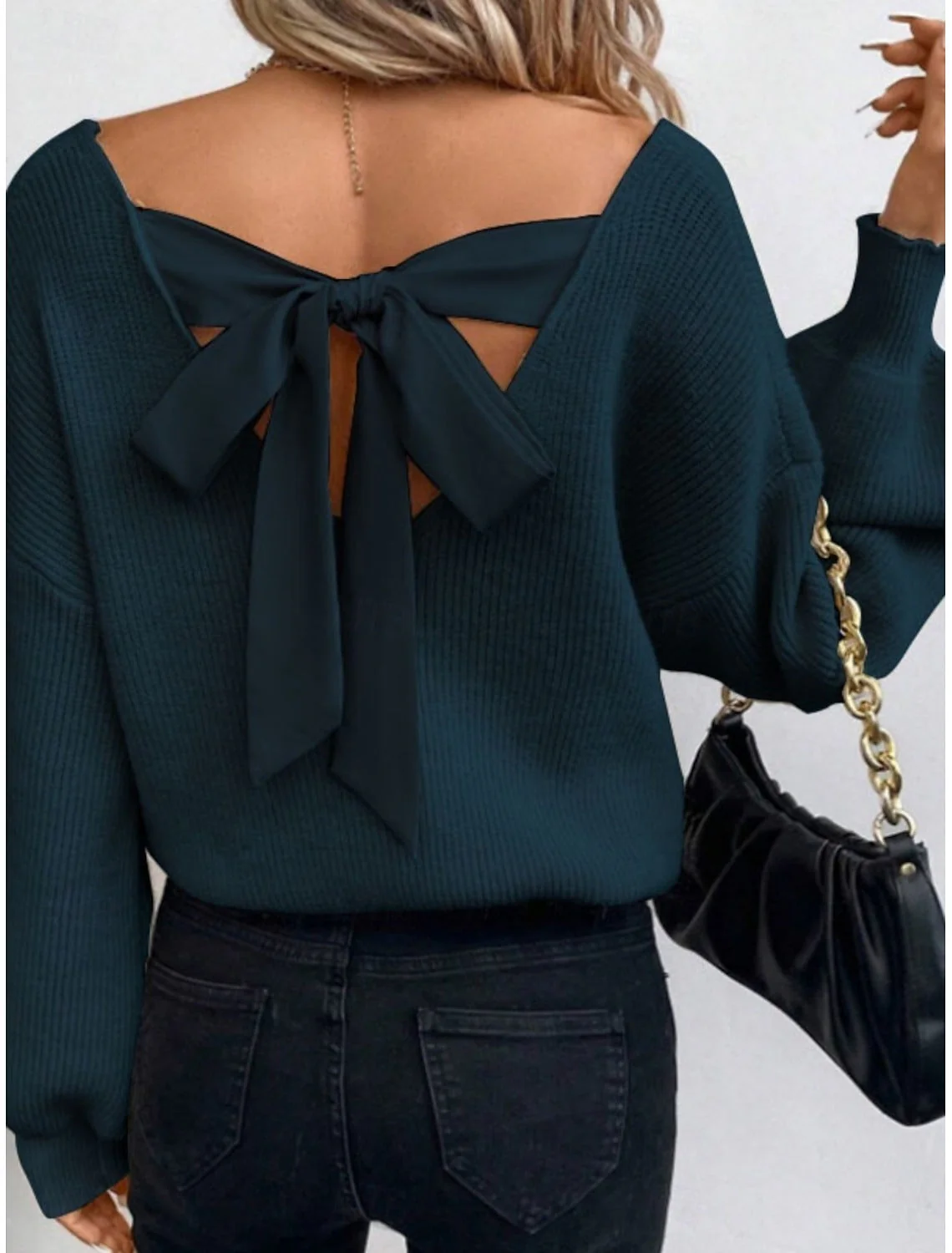 Pull femme dos ouvert avec nœud élégant - Style chic décontracté pour automne et hiver - Image 3