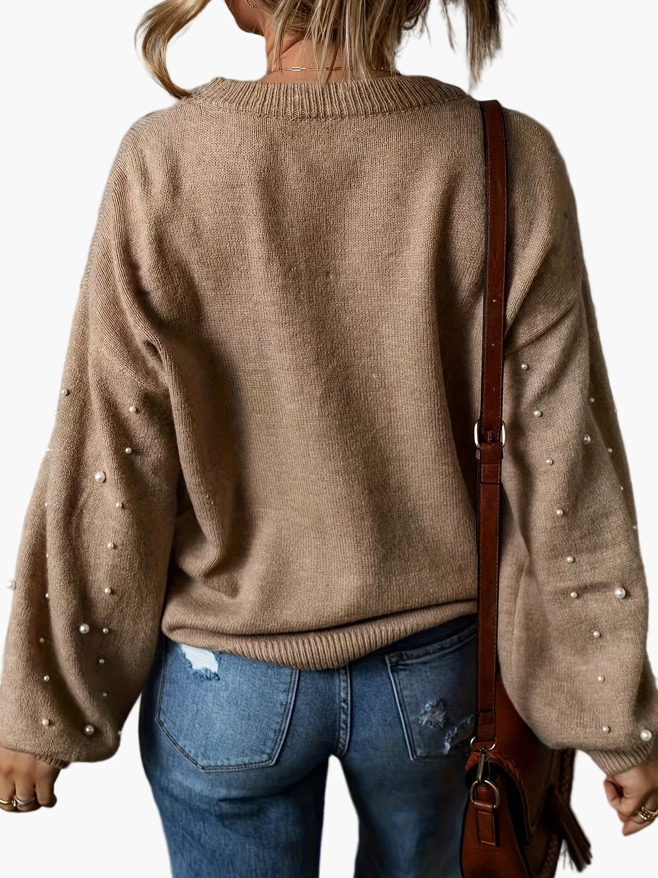 Pull femme élégant à perles style décontracté manches longues - Image 2