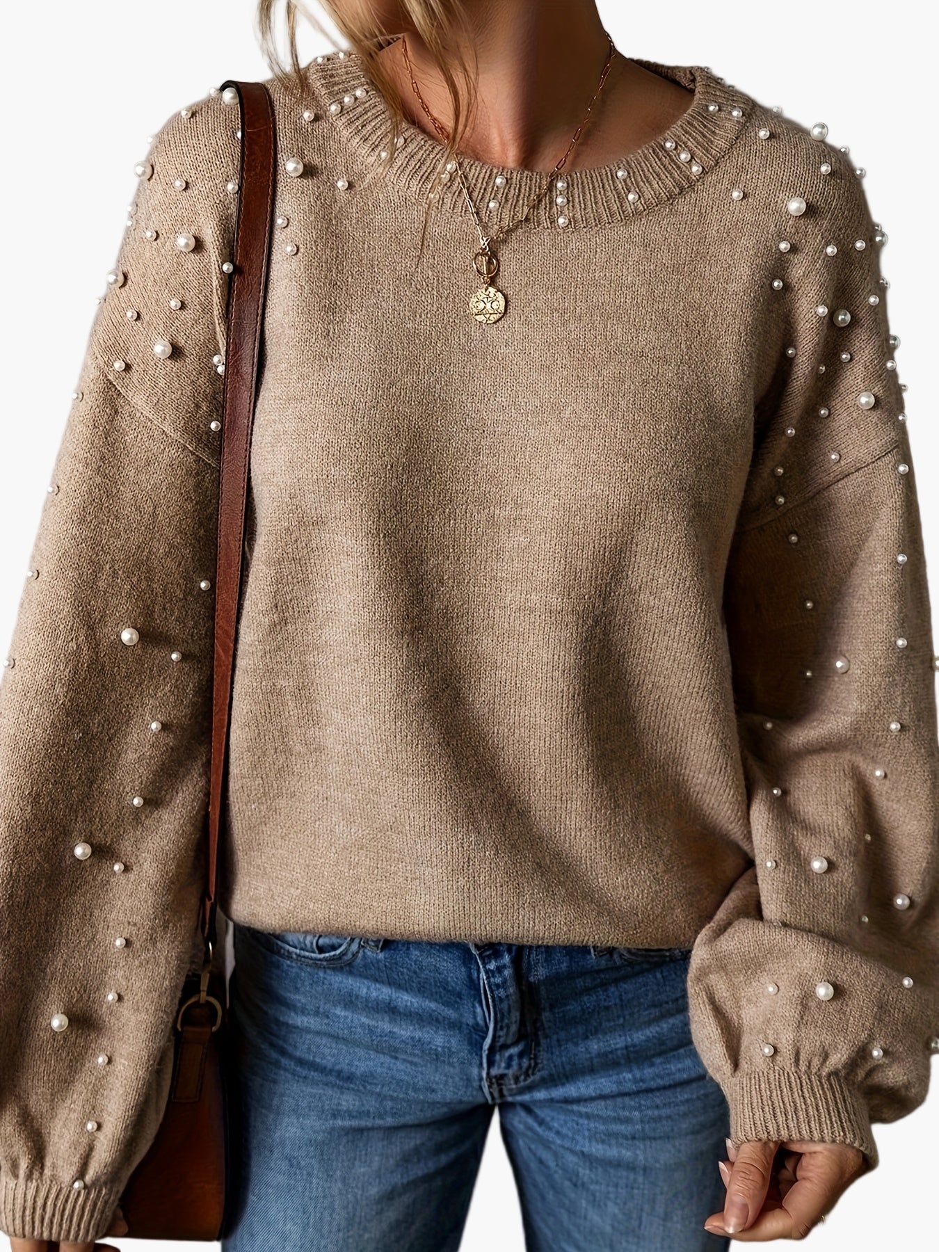 Pull femme élégant à perles style décontracté manches longues - Image 4
