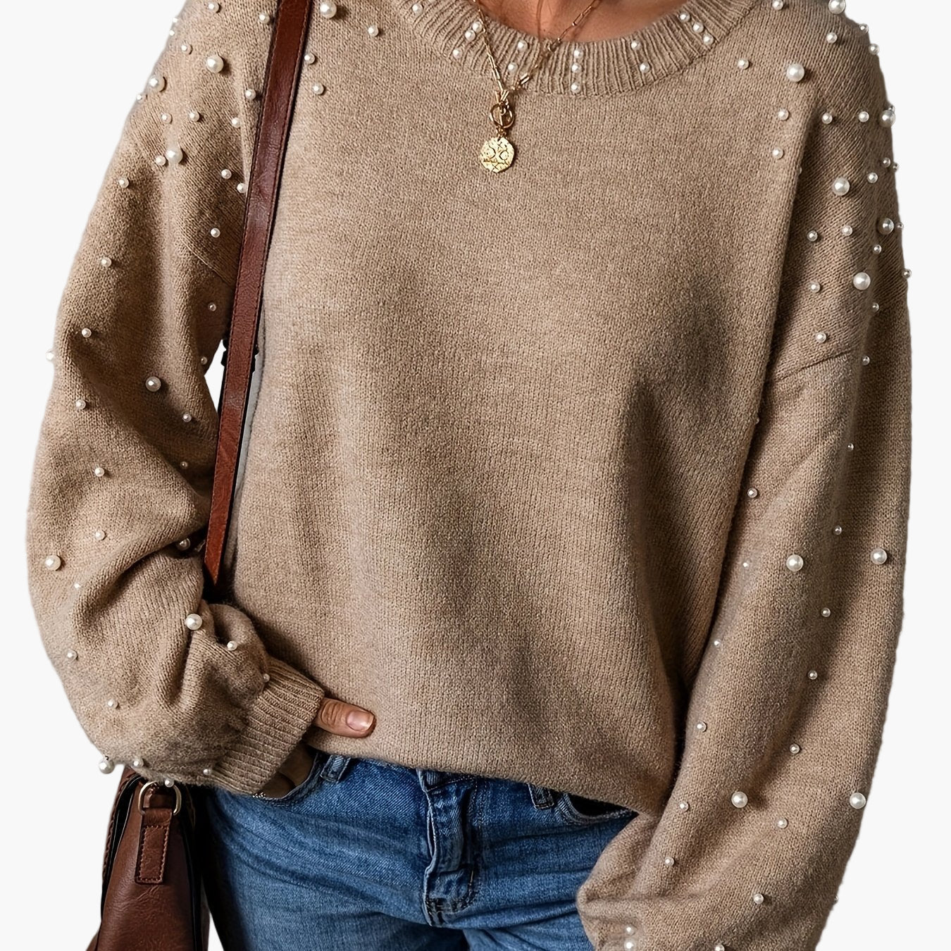 Pull femme élégant à perles style décontracté manches longues - Image 6