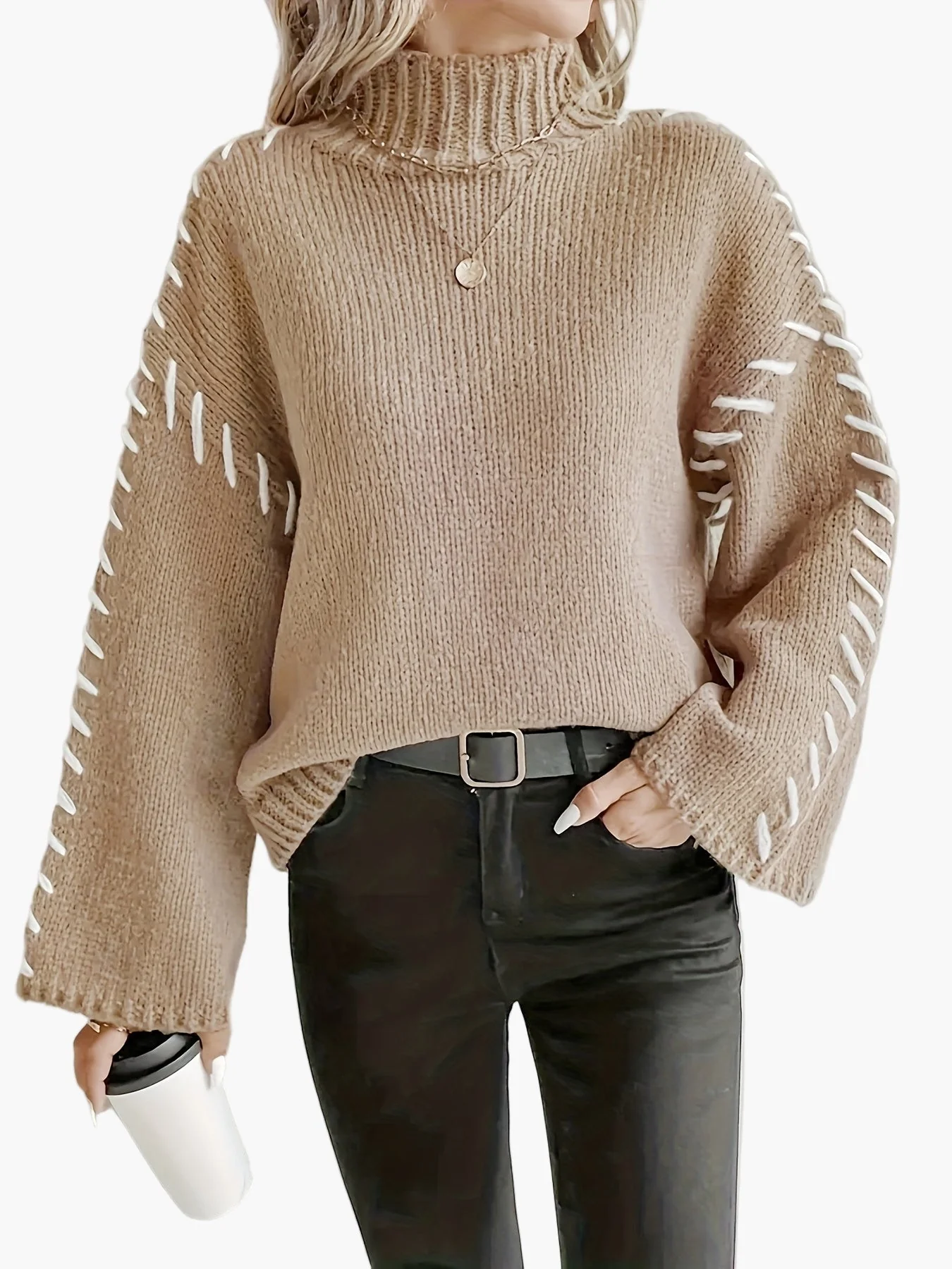 Pull Femme Élégant à Col Montant Style Décontracté Automne Hiver - Image 5