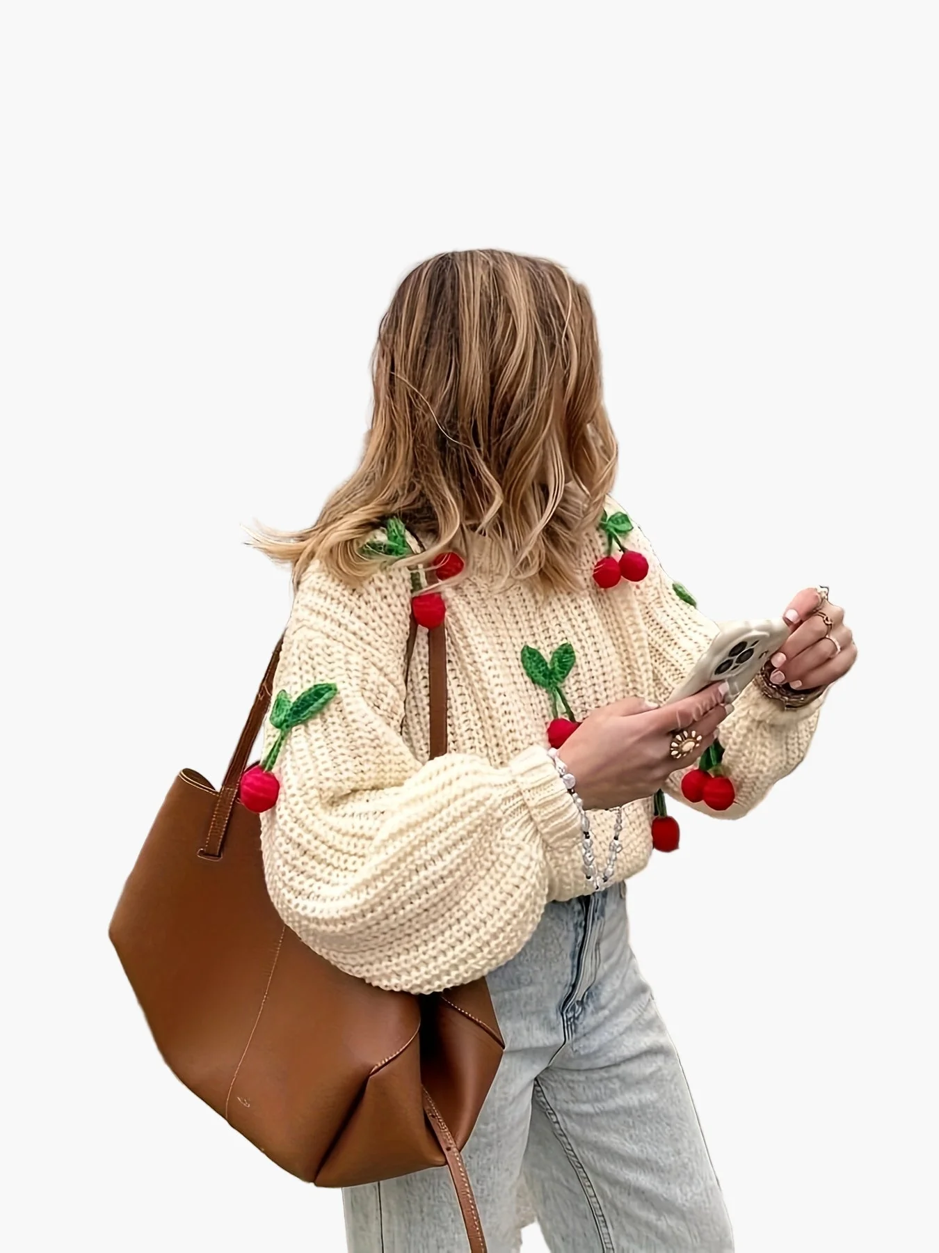 Pull femme style décontracté avec cerises brodées, manches longues, idéal automne-hiver - Image 2