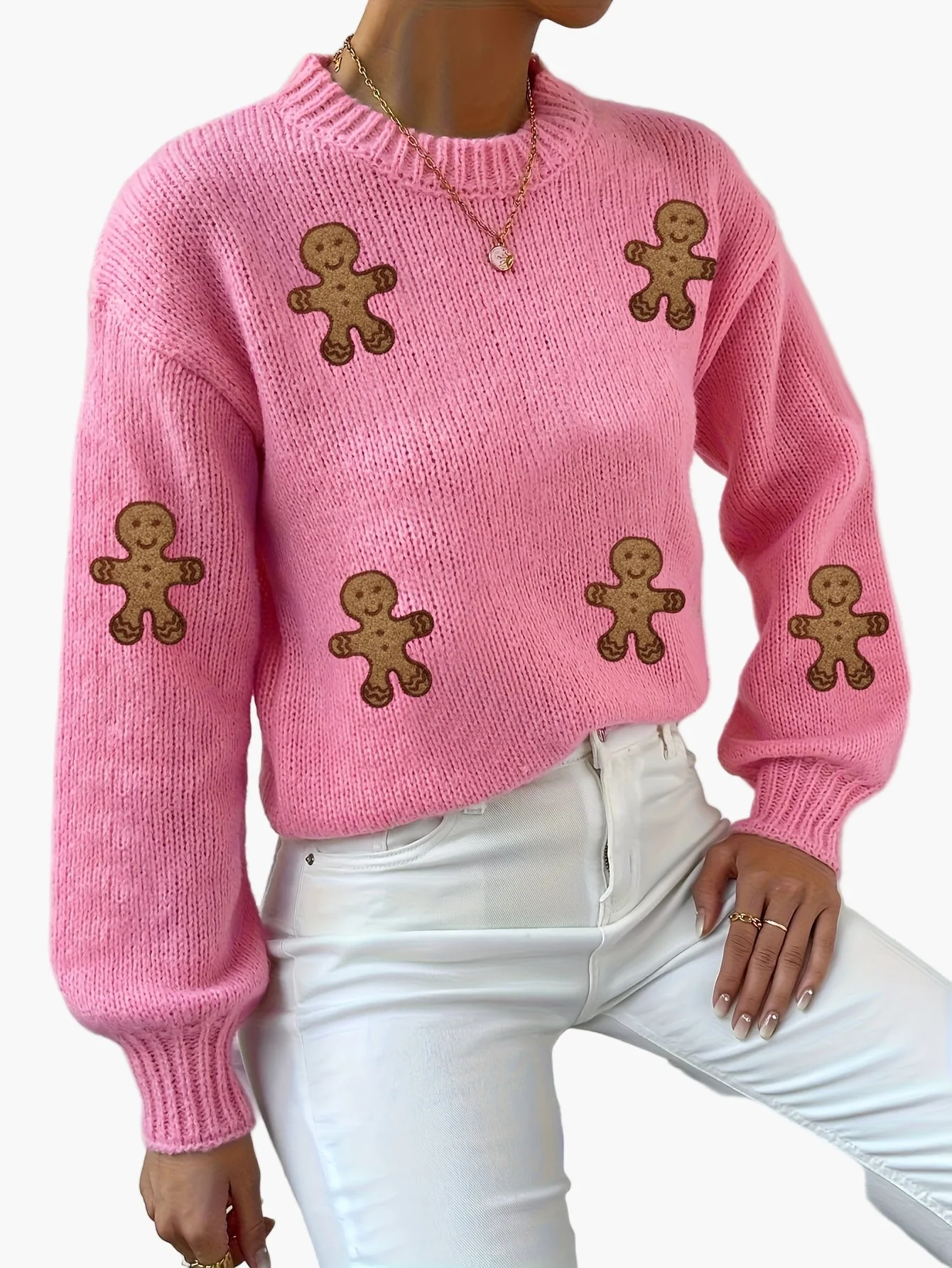 Pull femme style décontracté motif bonhomme pain d'épices pour automne-hiver - Image 3