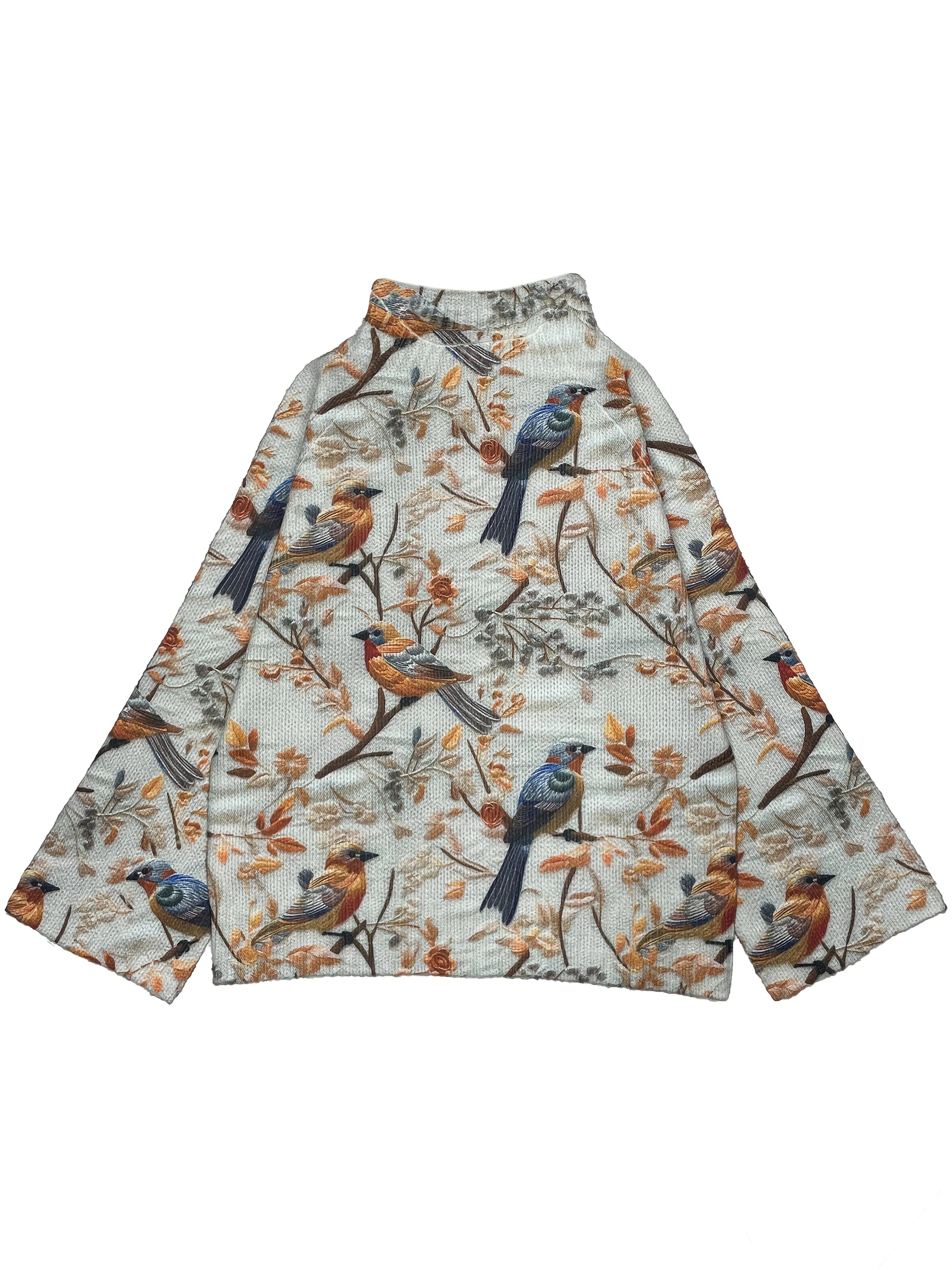 Pull Femme Style Élégant Imprimé Oiseaux Col Montant pour Automne Hiver - Image 5