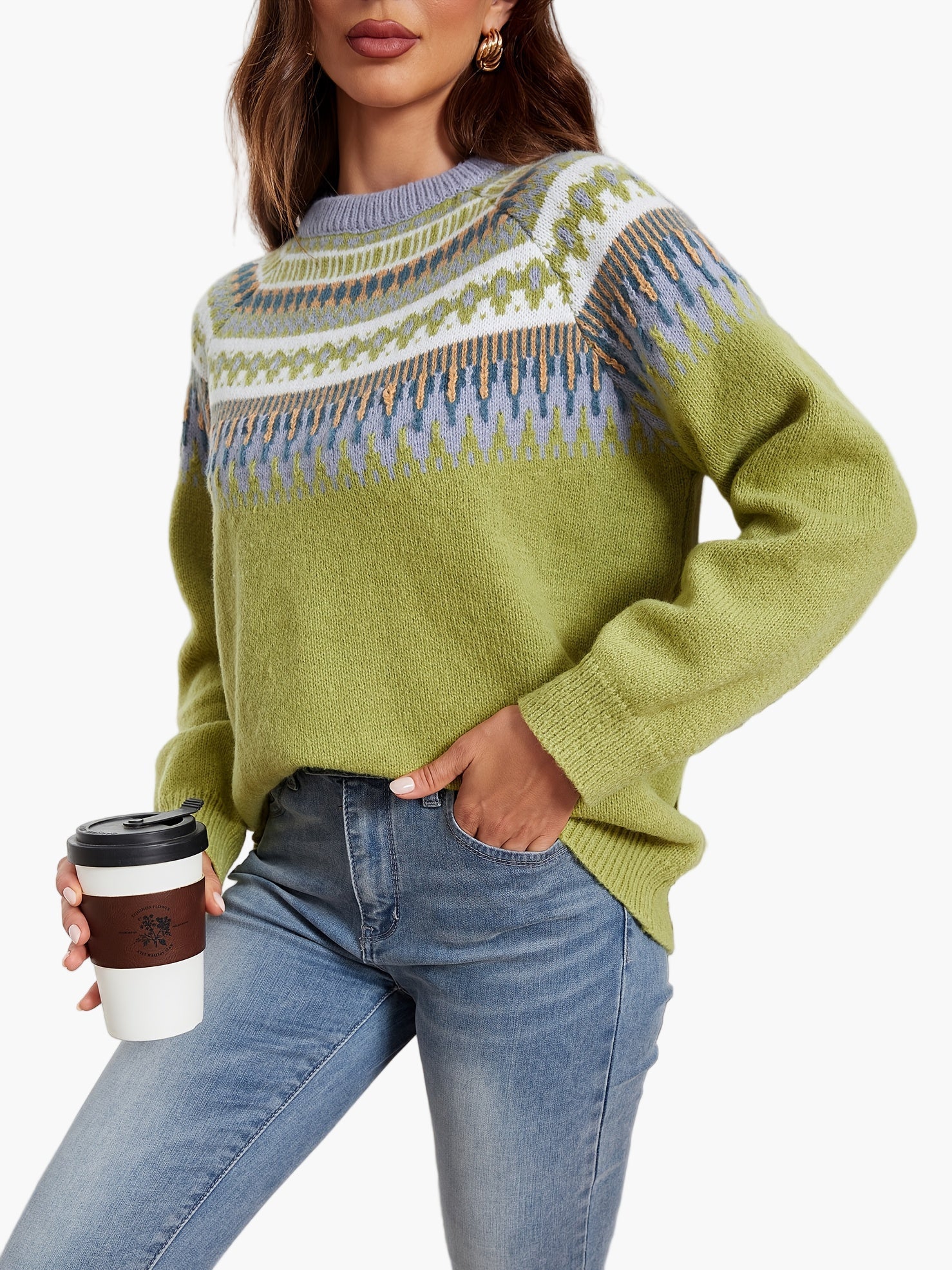 Pull Femme Style Nordic Chic Manches Longues Motif Géométrique pour Automne et Printemps - Image 5