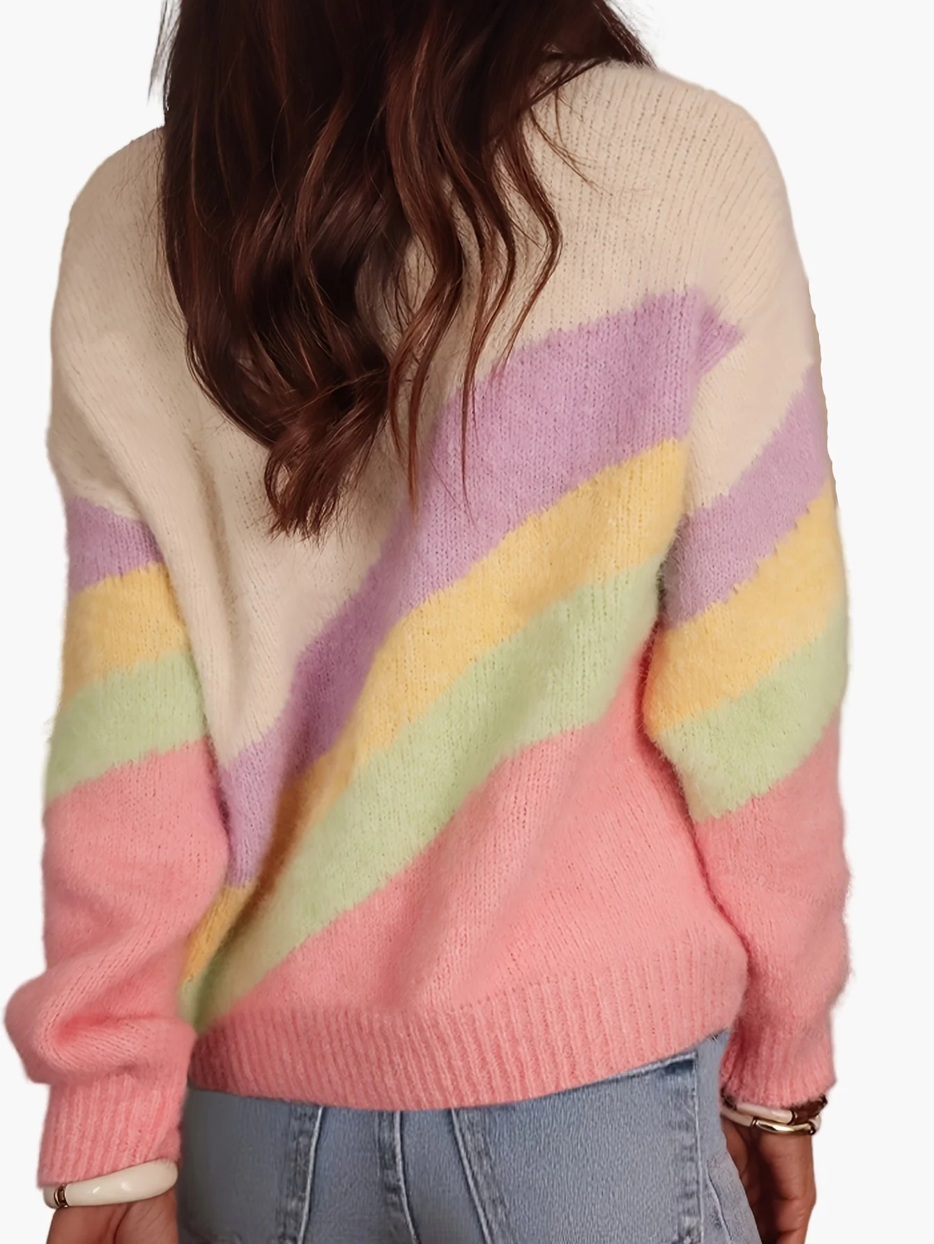Pull femme style Y2K à rayures arc-en-ciel, col rond, mode décontractée - Image 2