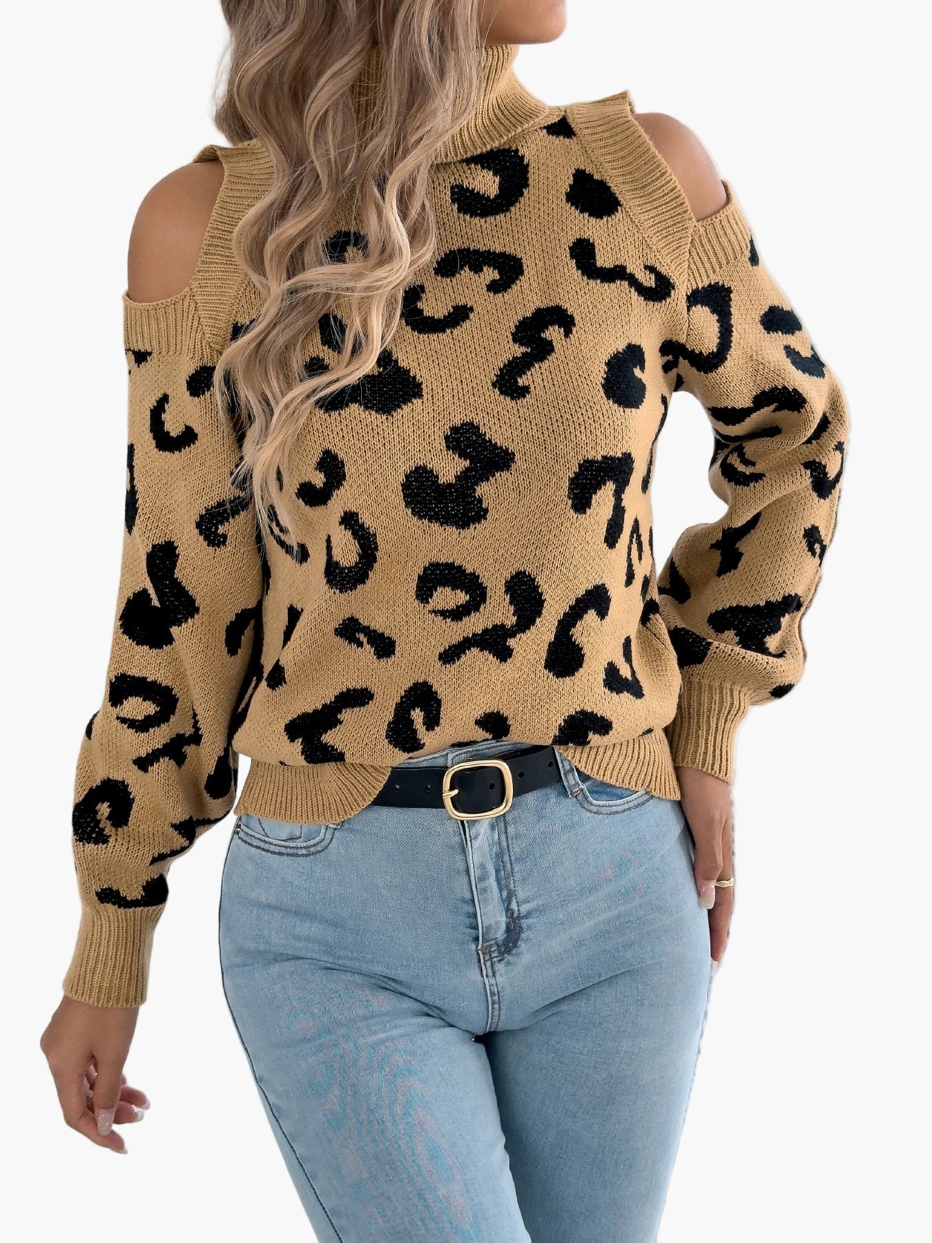 Pull femme tendance à épaules dénudées motif léopard style urbain - Image 3