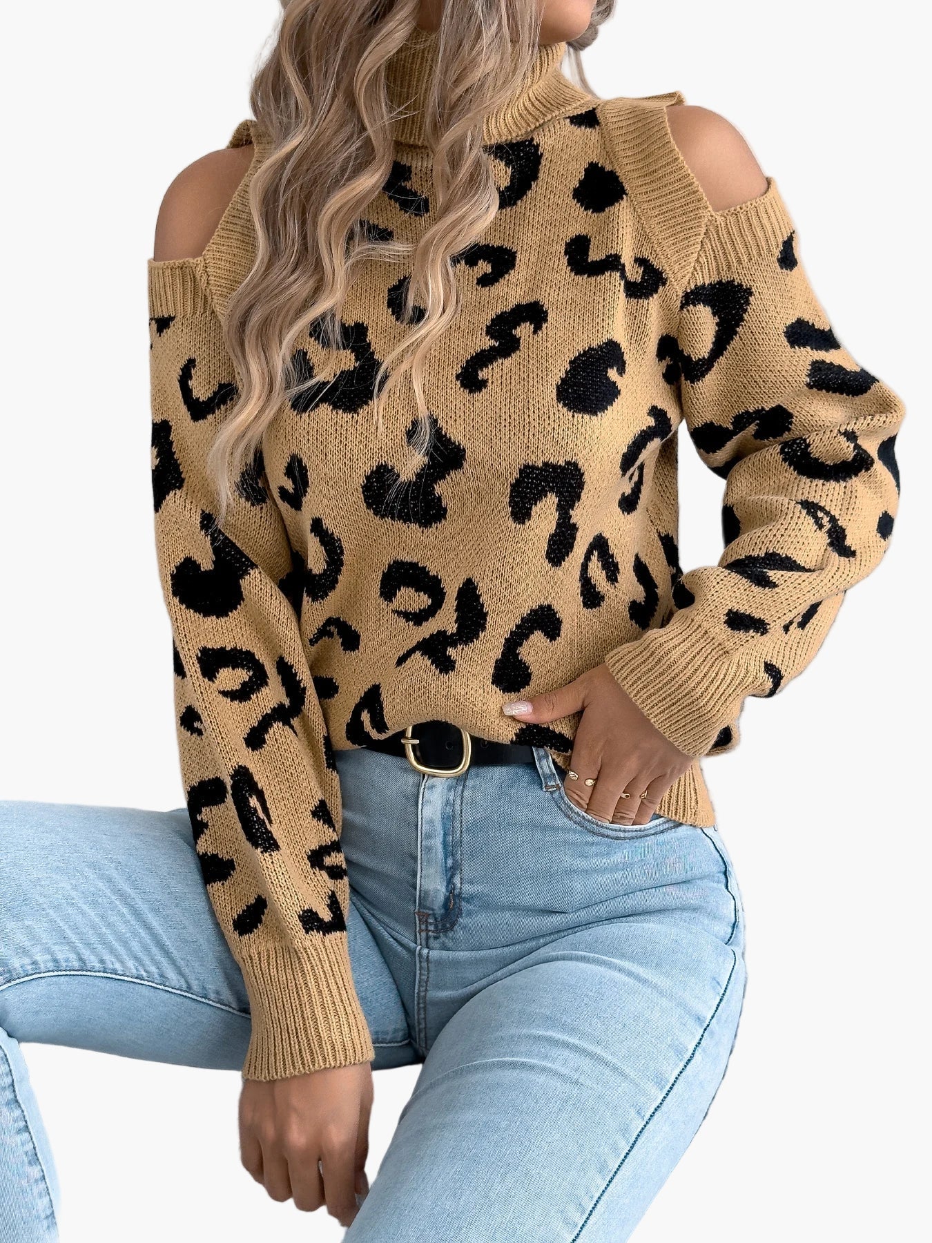 Pull femme tendance à épaules dénudées motif léopard style urbain - Image 4