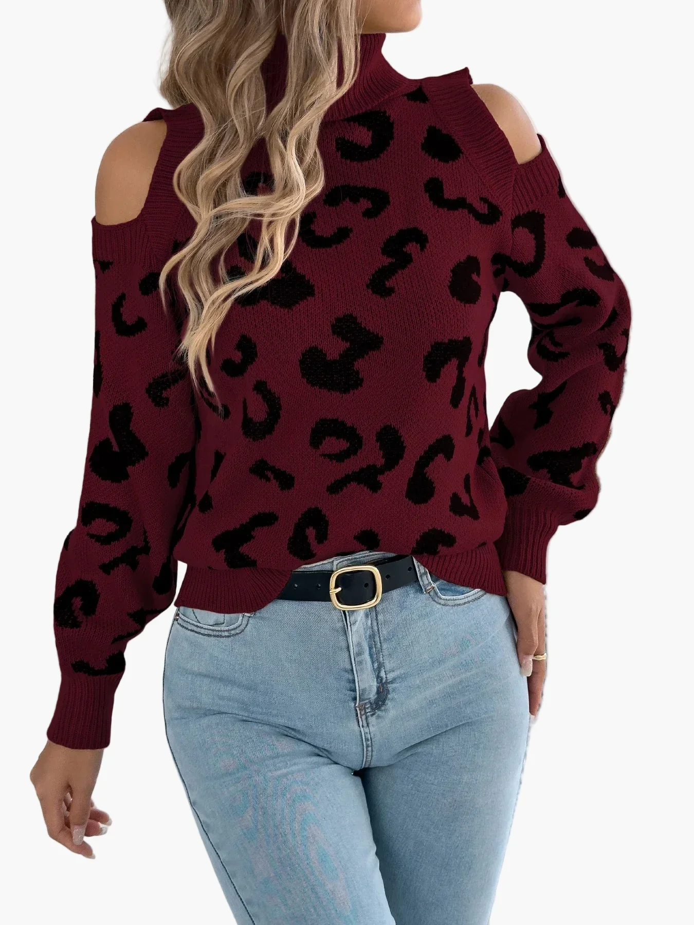 Pull femme tendance à épaules dénudées motif léopard style urbain - Image 5