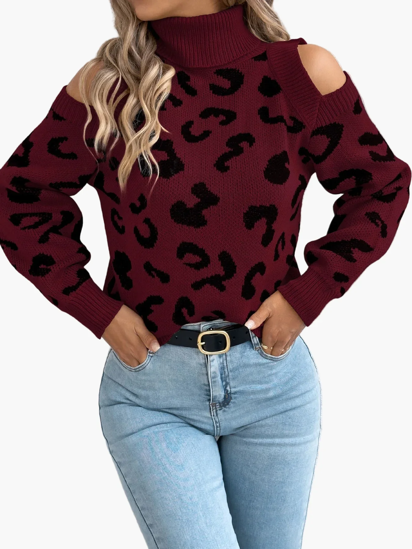 Pull femme tendance à épaules dénudées motif léopard style urbain - Image 6