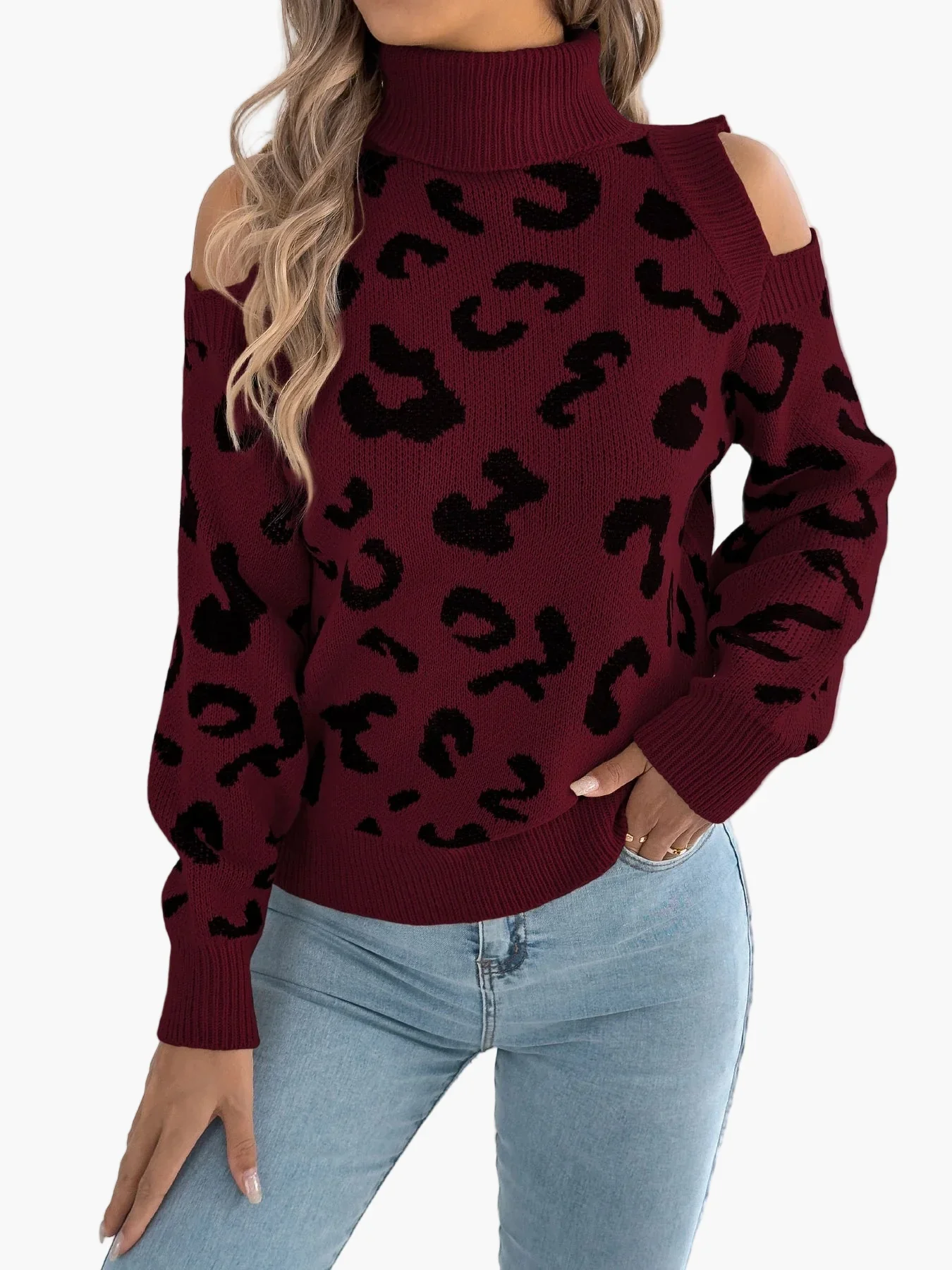 Pull femme tendance à épaules dénudées motif léopard style urbain - Image 7