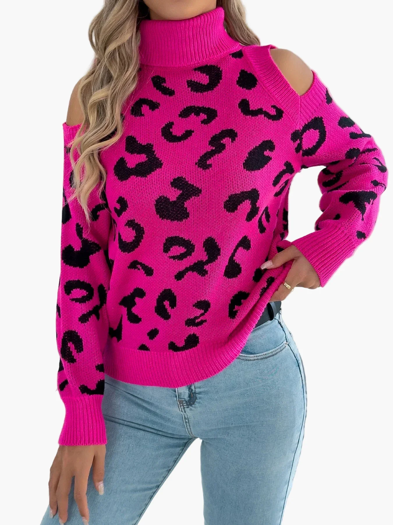 Pull femme tendance à épaules dénudées motif léopard style urbain - Image 8
