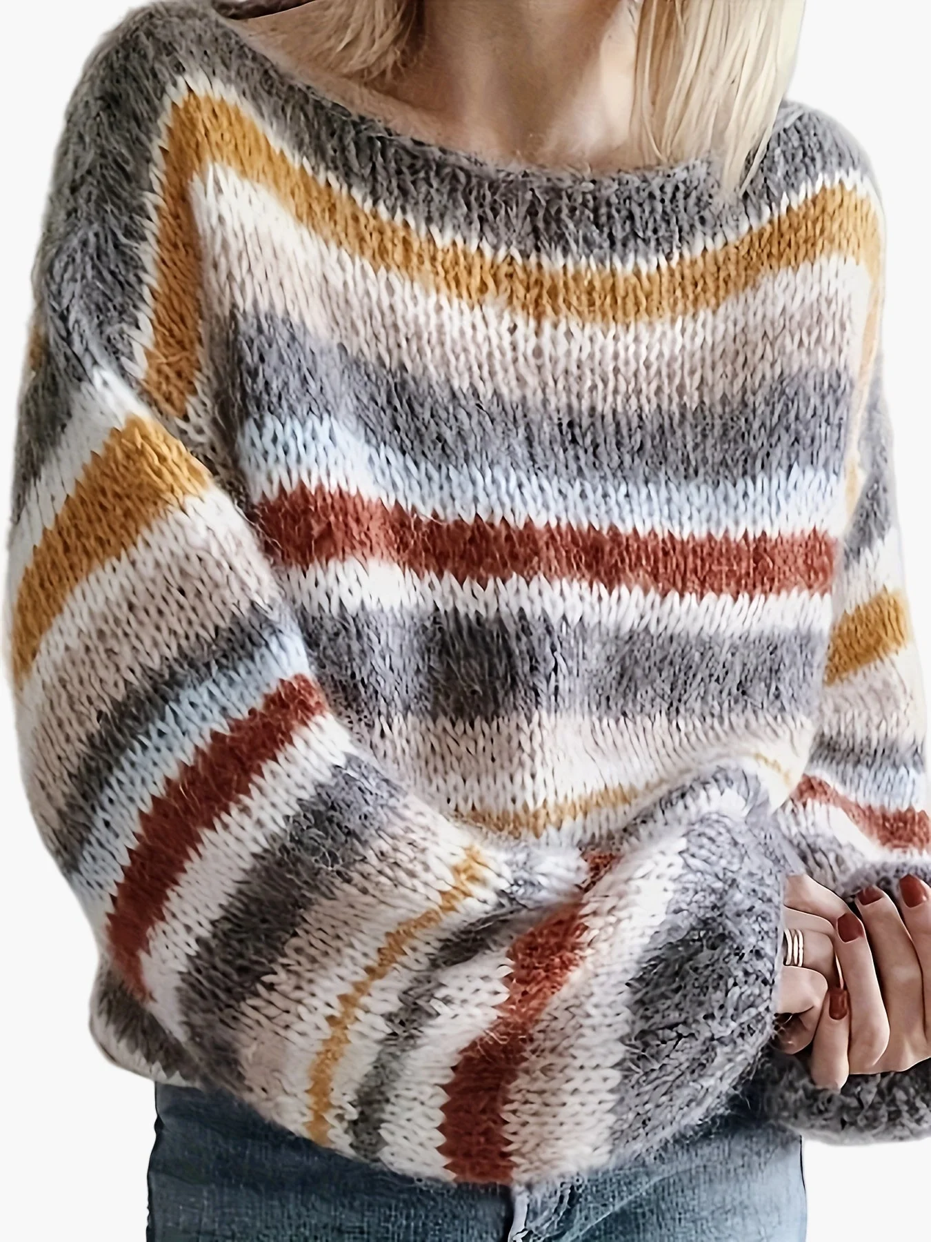 Pull d'hiver décontracté à rayures pour femme, coupe ample, manches longues, style moderne - Image 2