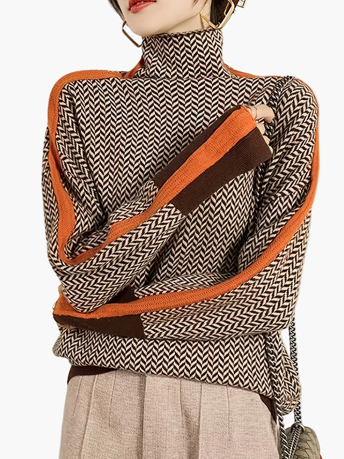 Pull Hiver Femme Col Montant Motif Géométrique Style Élégant Décontracté - Image 2