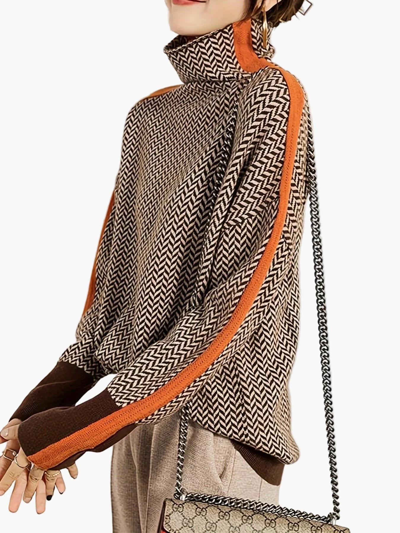Pull Hiver Femme Col Montant Motif Géométrique Style Élégant Décontracté - Image 8