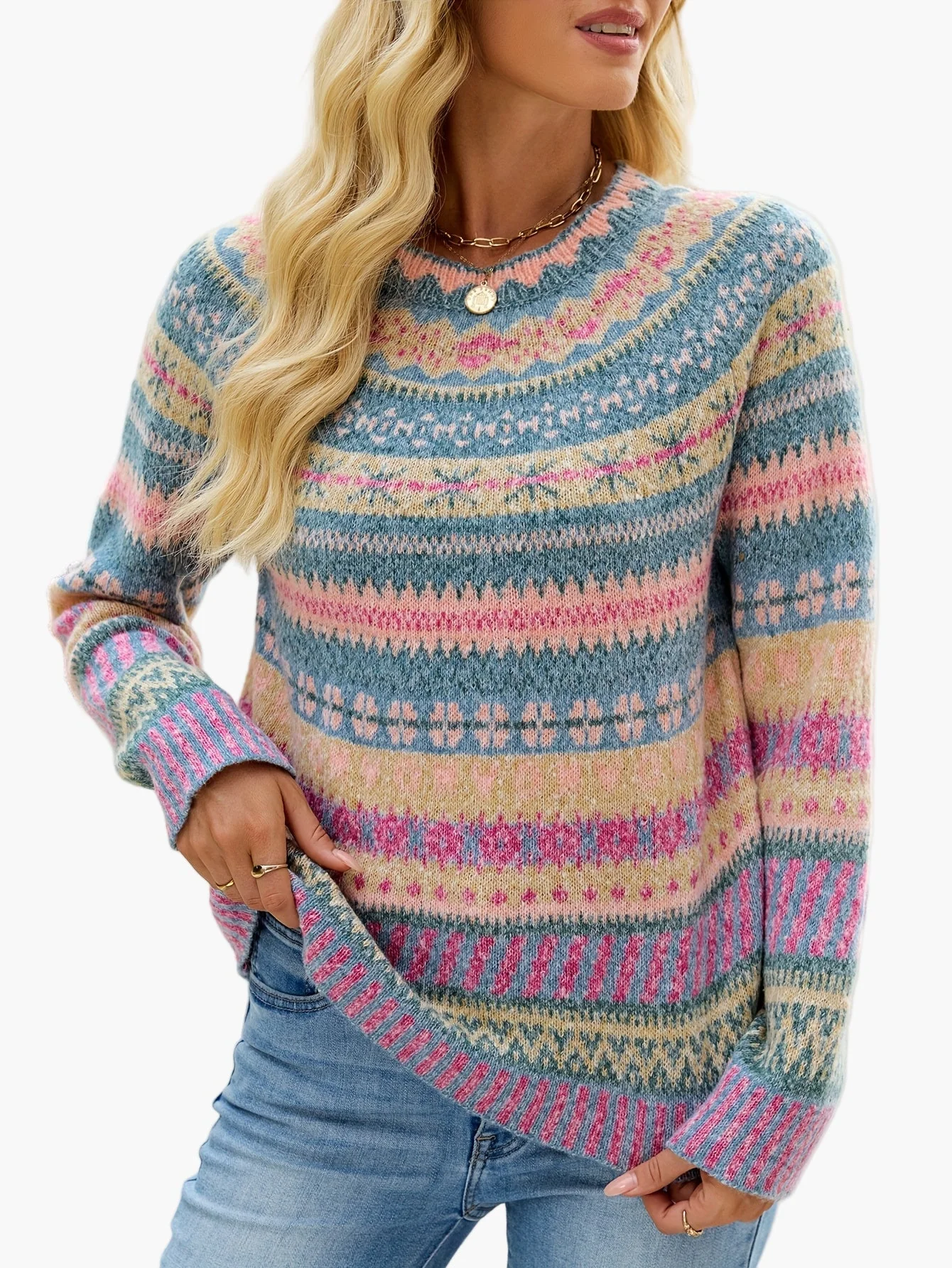 Pull d'hiver femme à motifs géométriques style nordique élégant - Image 10