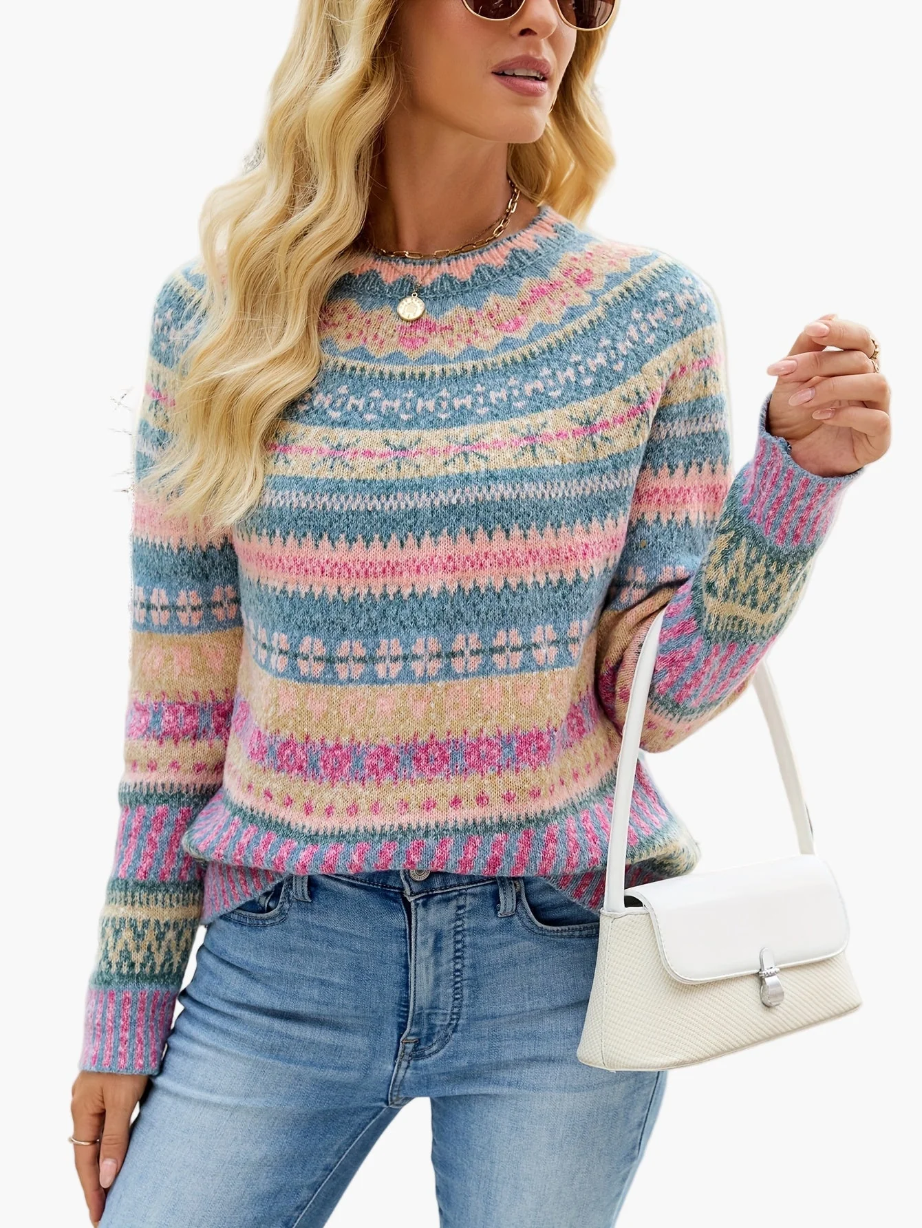Pull d'hiver femme à motifs géométriques style nordique élégant - Image 2