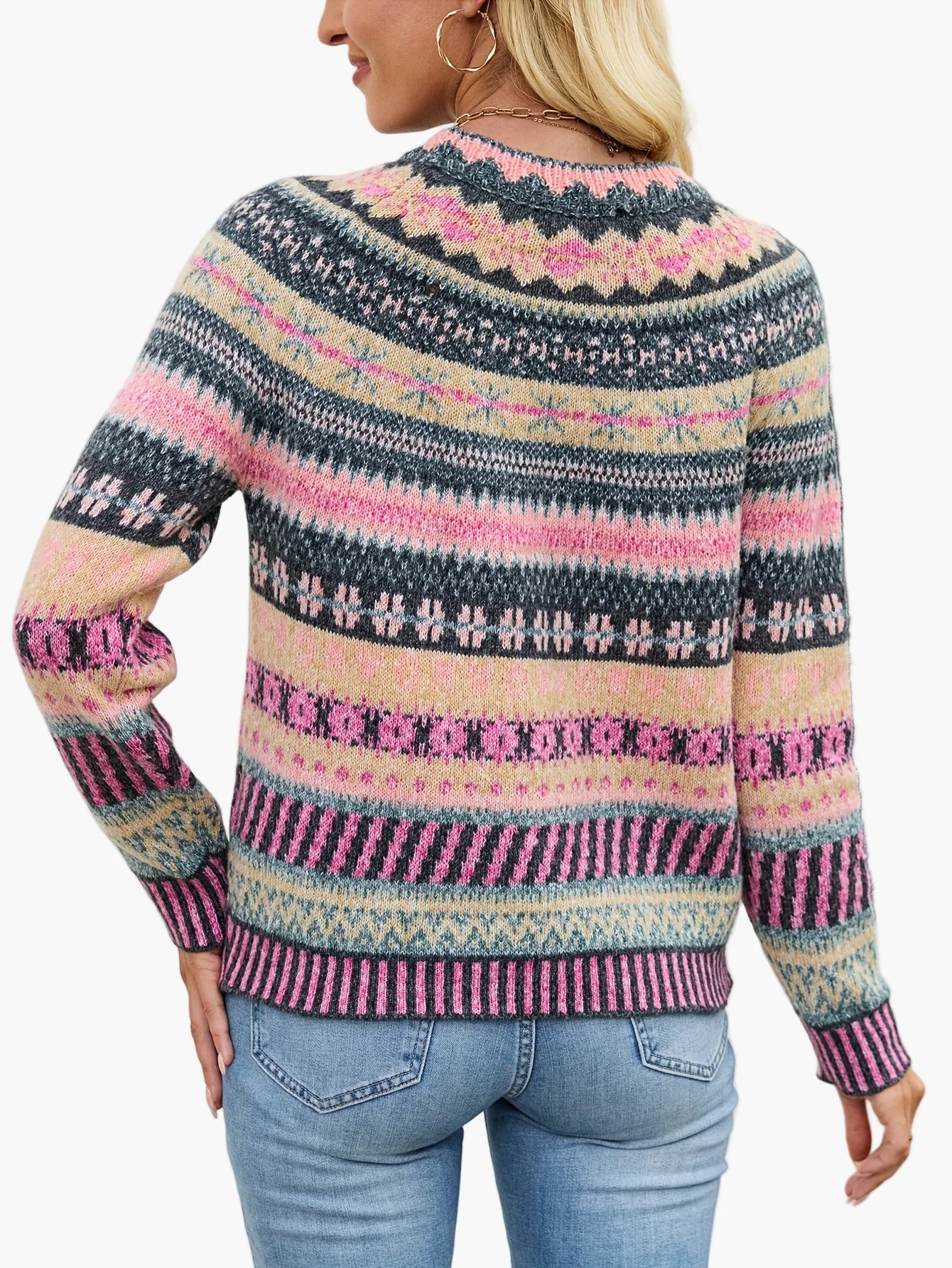Pull d'hiver femme à motifs géométriques style nordique élégant - Image 3
