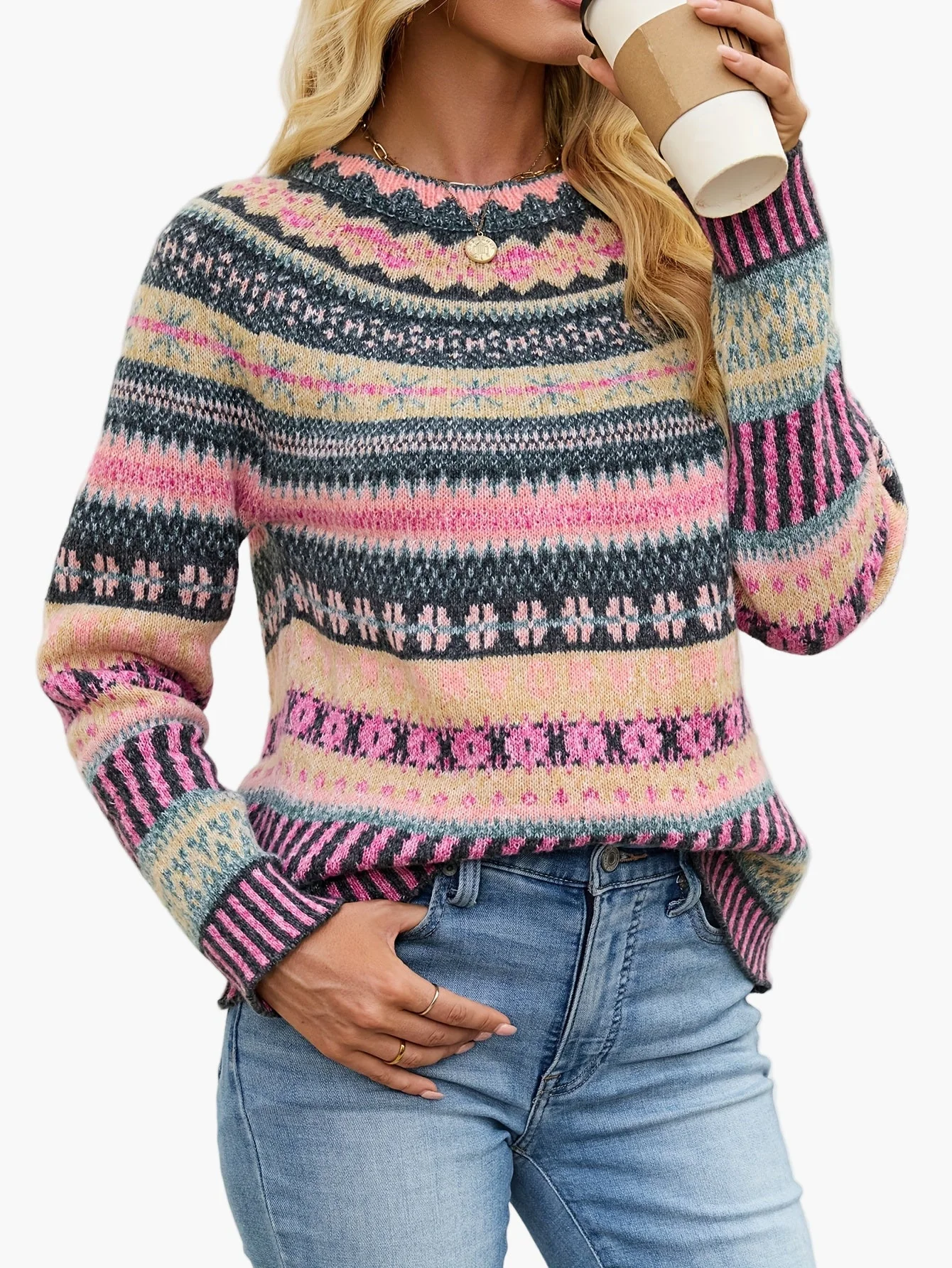 Pull d'hiver femme à motifs géométriques style nordique élégant - Image 5