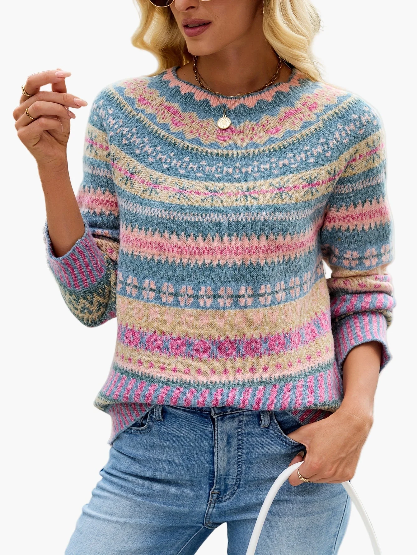 Pull d'hiver femme à motifs géométriques style nordique élégant - Image 6
