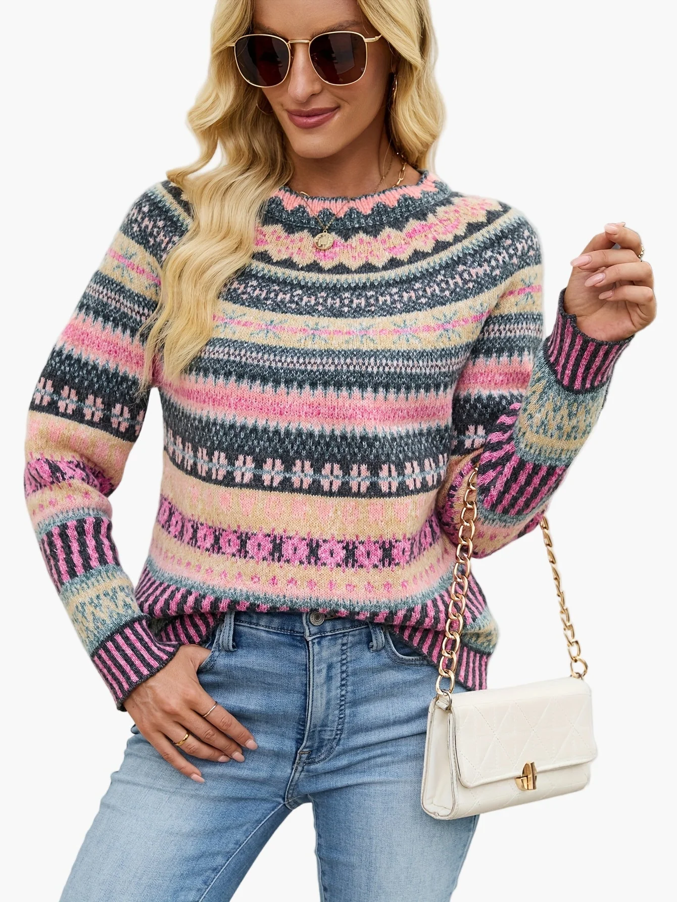 Pull d'hiver femme à motifs géométriques style nordique élégant - Image 7