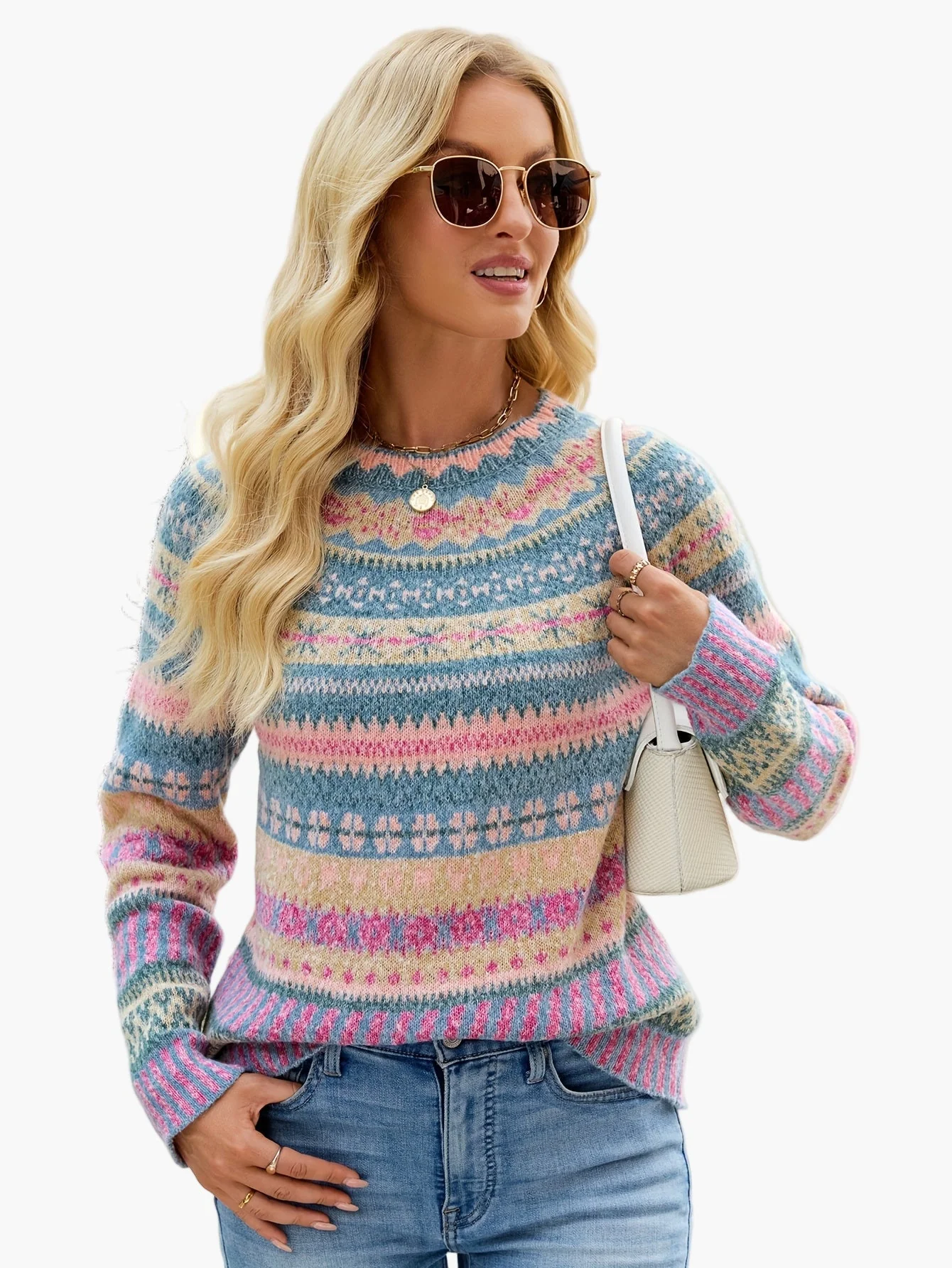 Pull d'hiver femme à motifs géométriques style nordique élégant - Image 8