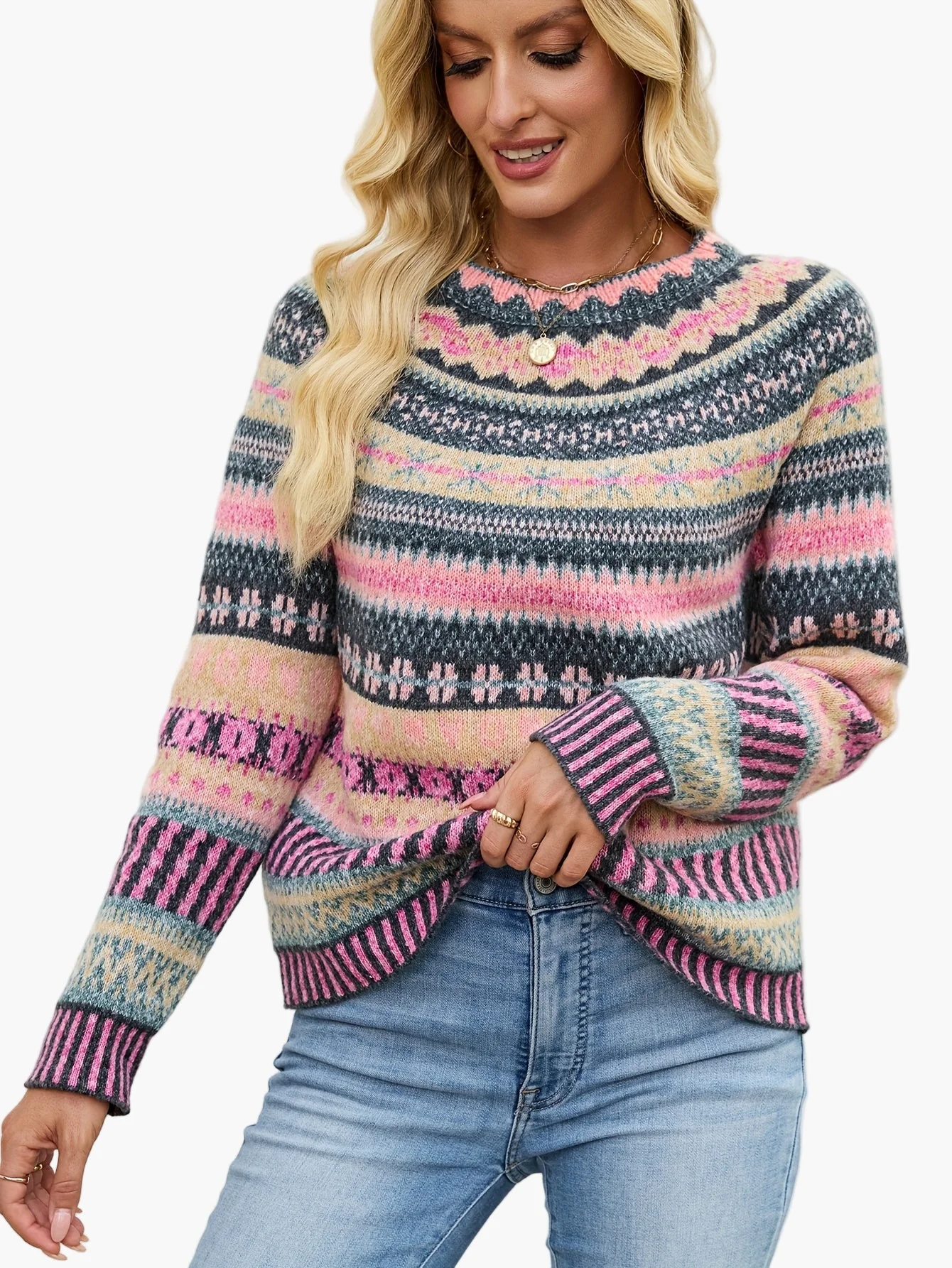 Pull d'hiver femme à motifs géométriques style nordique élégant - Image 9
