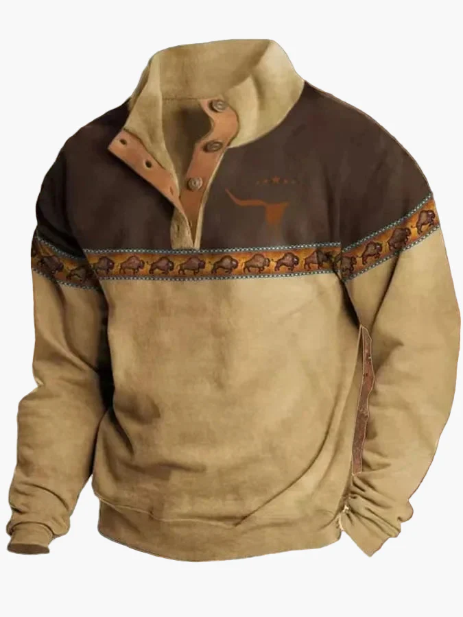 Pull Homme Style Western Vintage à Imprimé Ethnique et Col Montant – Décontracté et Tendance - Image 3