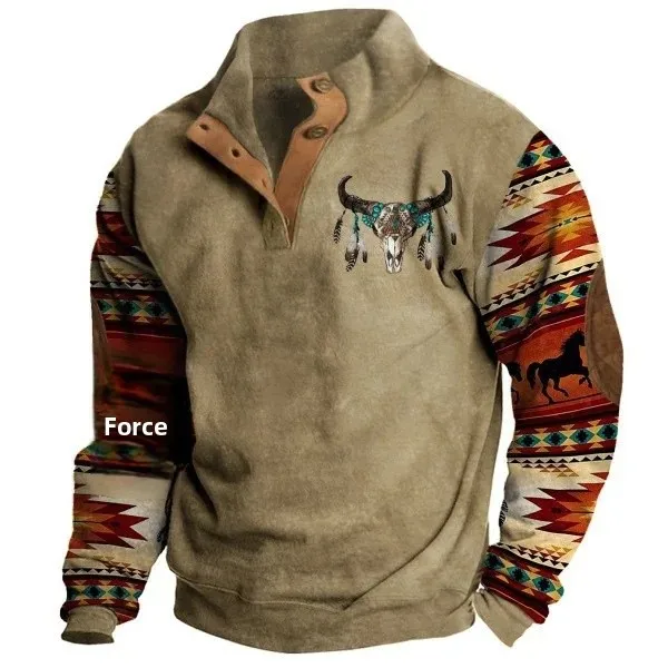 Pull Homme Style Western Vintage à Imprimé Ethnique et Col Montant – Décontracté et Tendance - Image 4