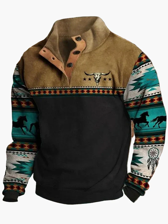 Pull Homme Style Western Vintage à Imprimé Ethnique et Col Montant – Décontracté et Tendance - Image 5