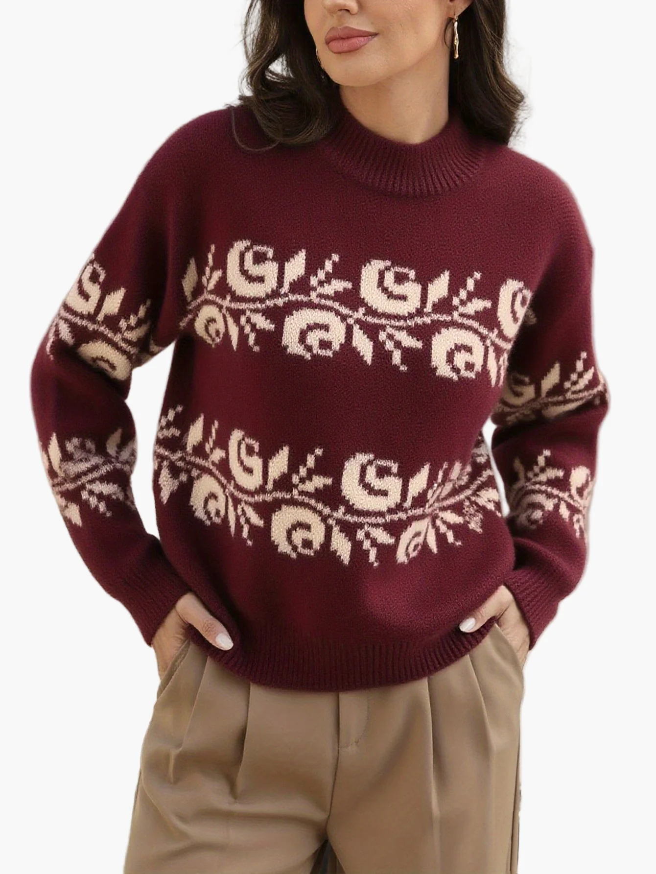 Pull jacquard à fleurs élégantes pour femme, style automne-hiver, manches longues - Image 2
