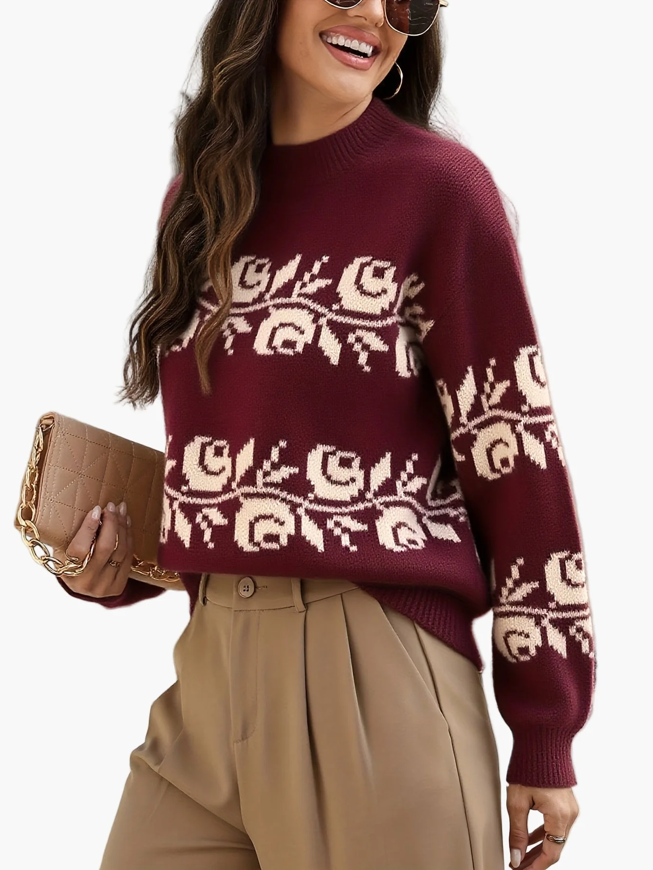 Pull jacquard à fleurs élégantes pour femme, style automne-hiver, manches longues - Image 3